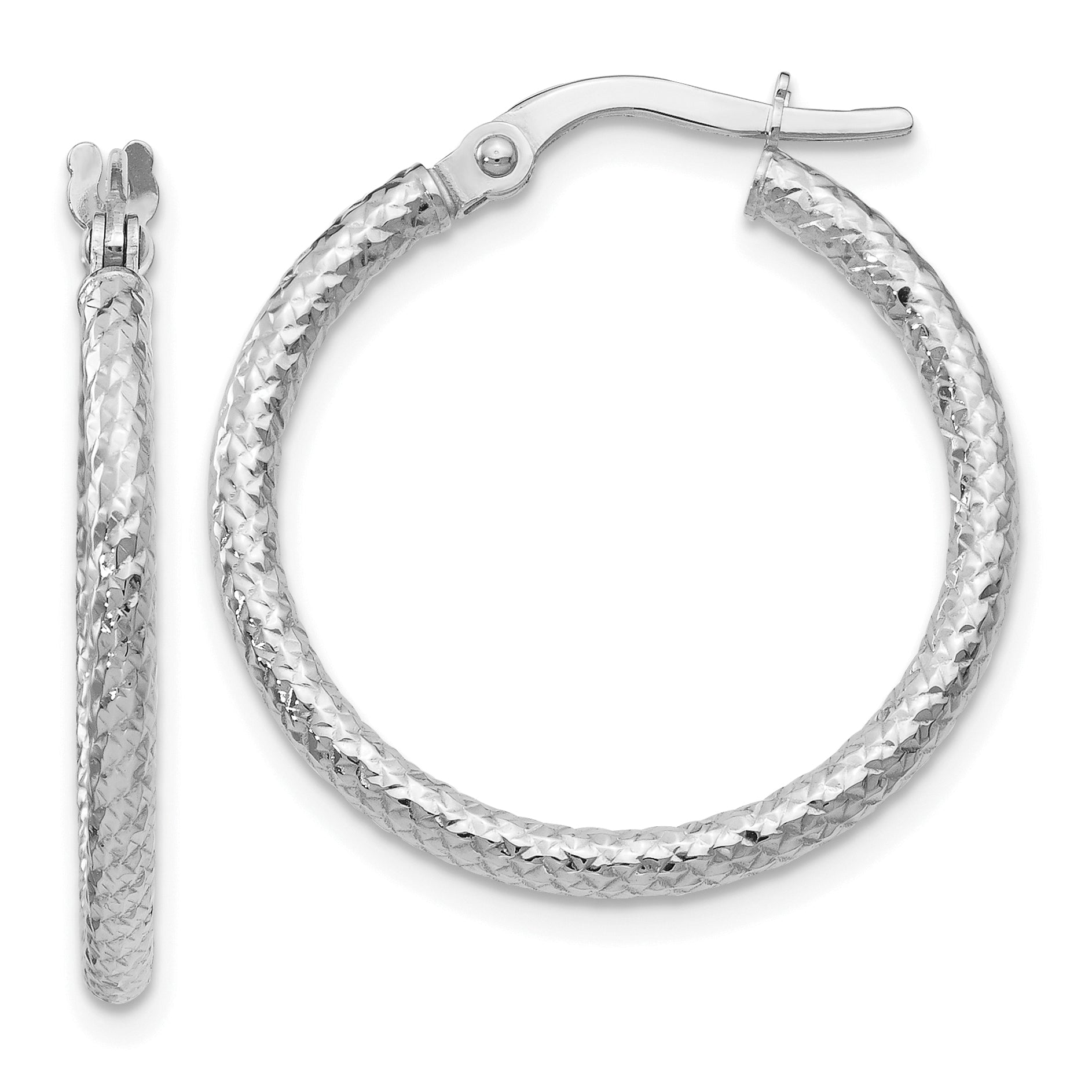 10K White Gold Polished and Textured Hinged Hoop Earrings