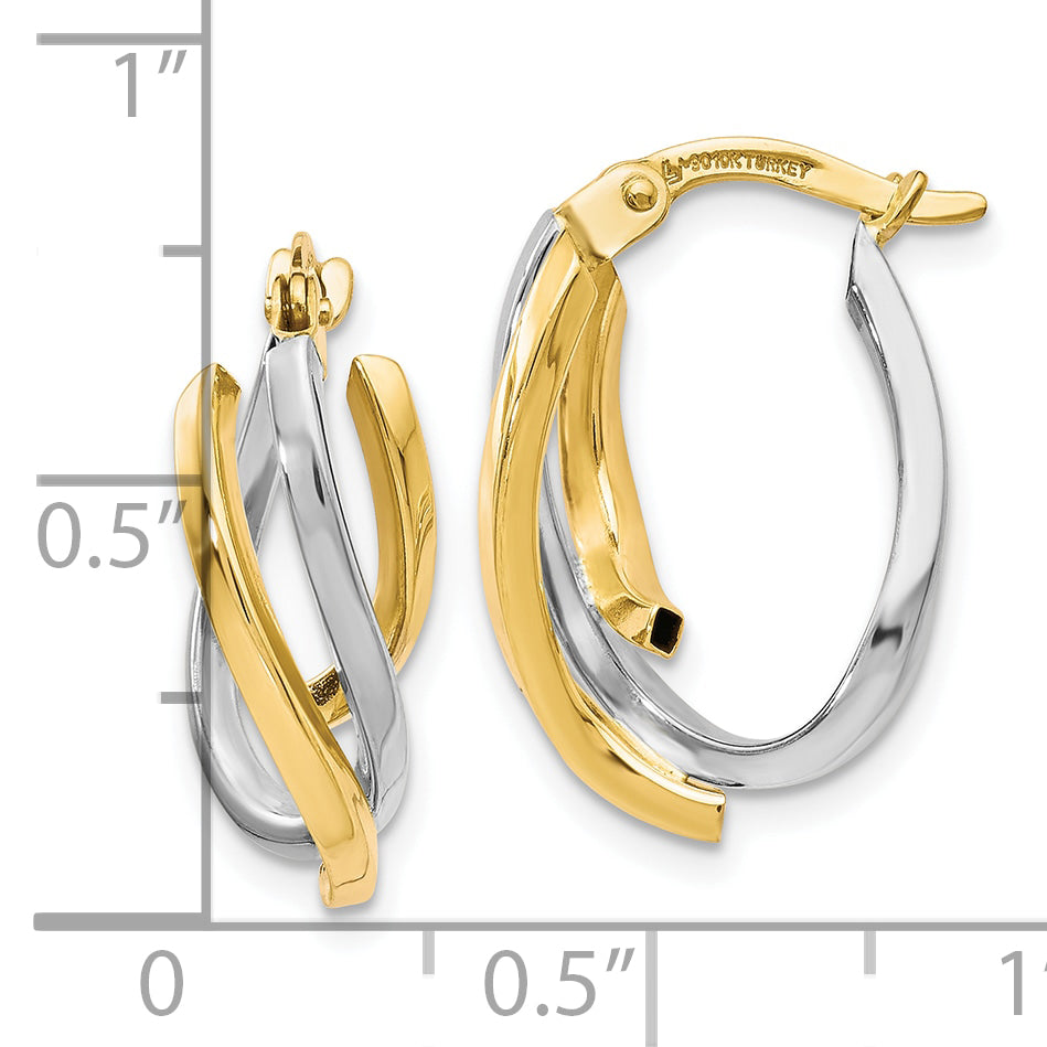 10K Two-Tone Gold Polished Twisted Hoop Earrings with Rhodium Finish