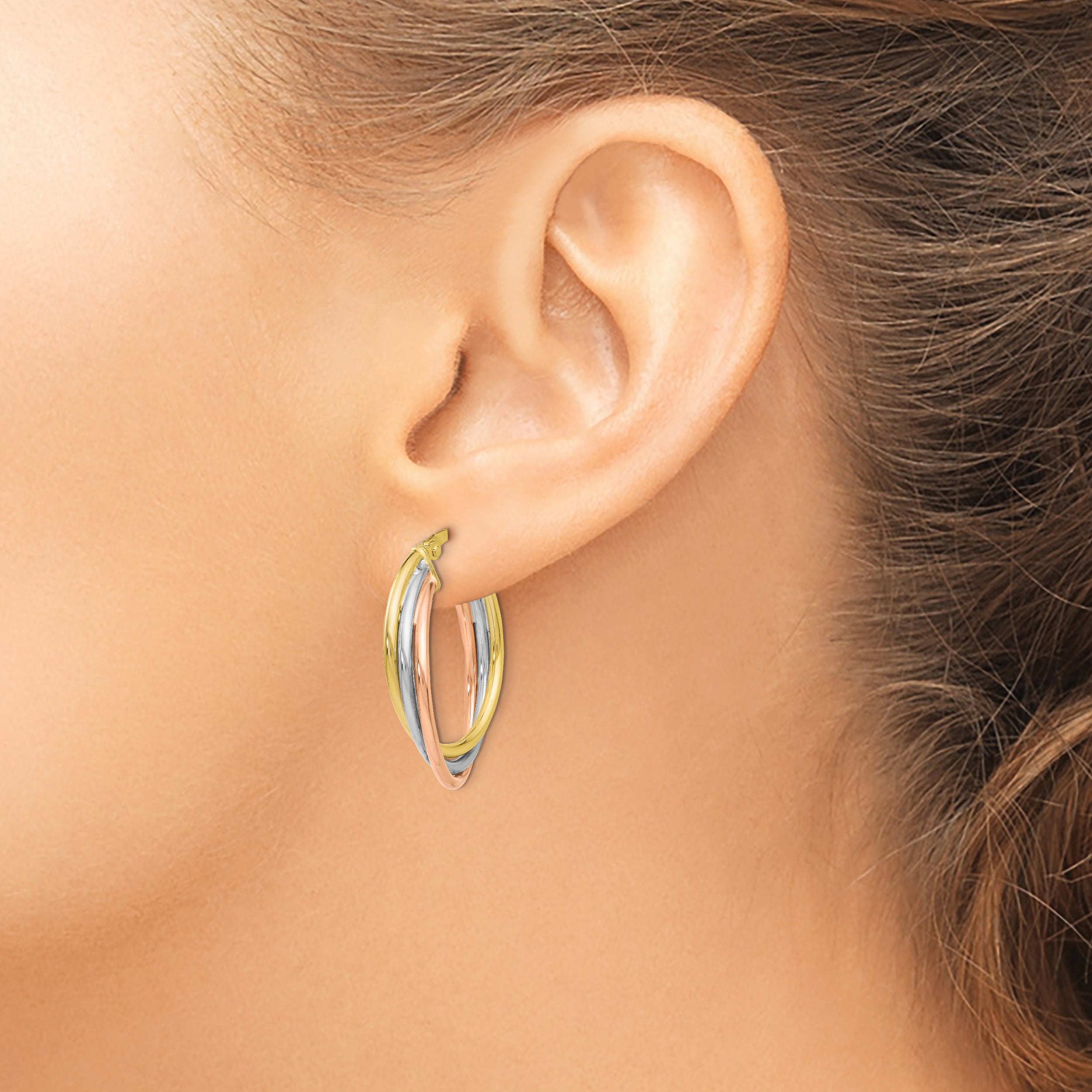 10K Tri-color Polished and Textured Twisted Hoop Earrings