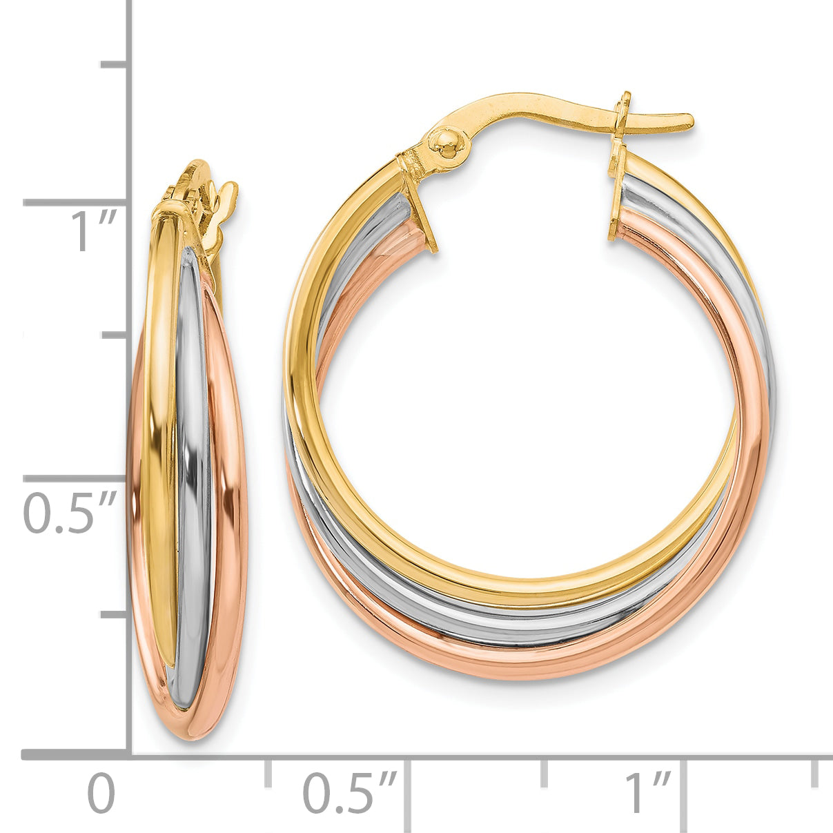 10K Tri-color Polished and Textured Twisted Hoop Earrings