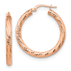 10K 3x20 Rose Gold D/C Round Hoop Earrings