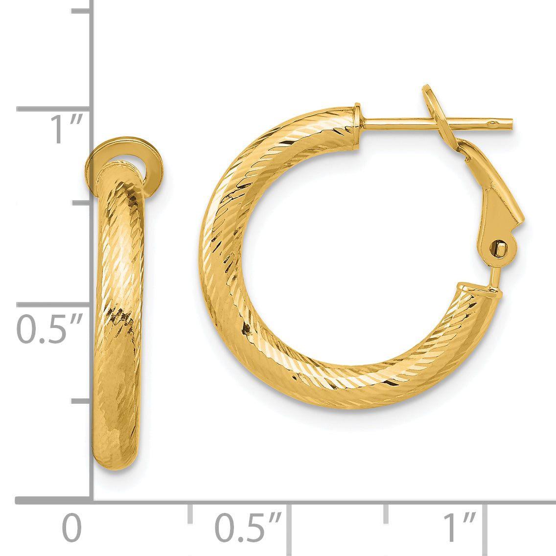 10K 3x15 D/C Round Omega Back Hoop Earrings