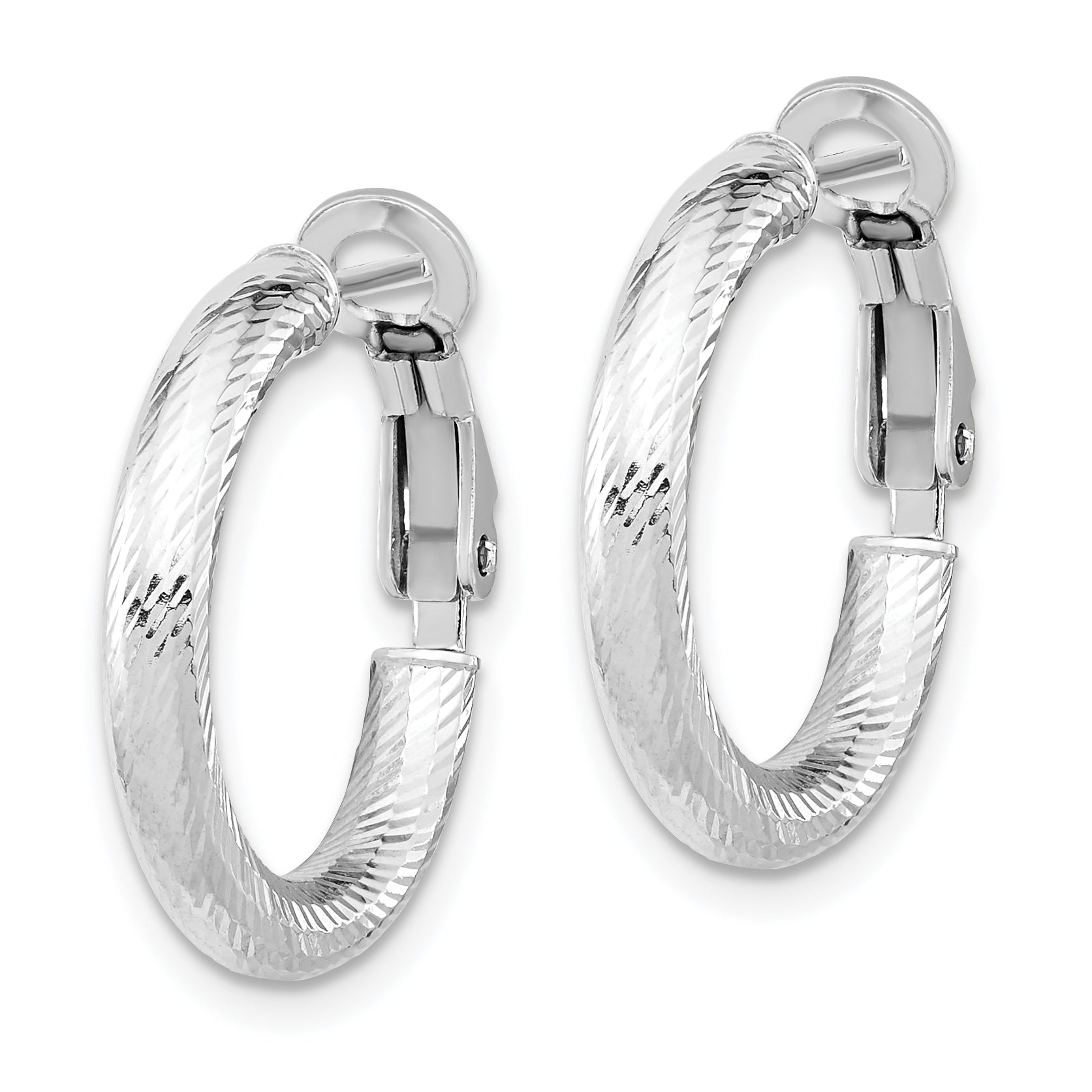 10K 3x15 White Gold D/C Round Omega Back Hoop Earrings