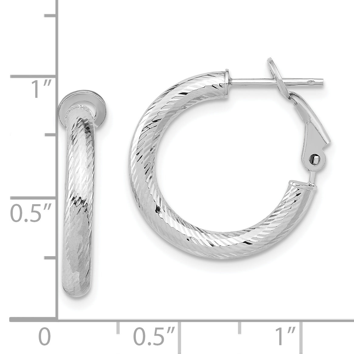 10K 3x15 White Gold D/C Round Omega Back Hoop Earrings