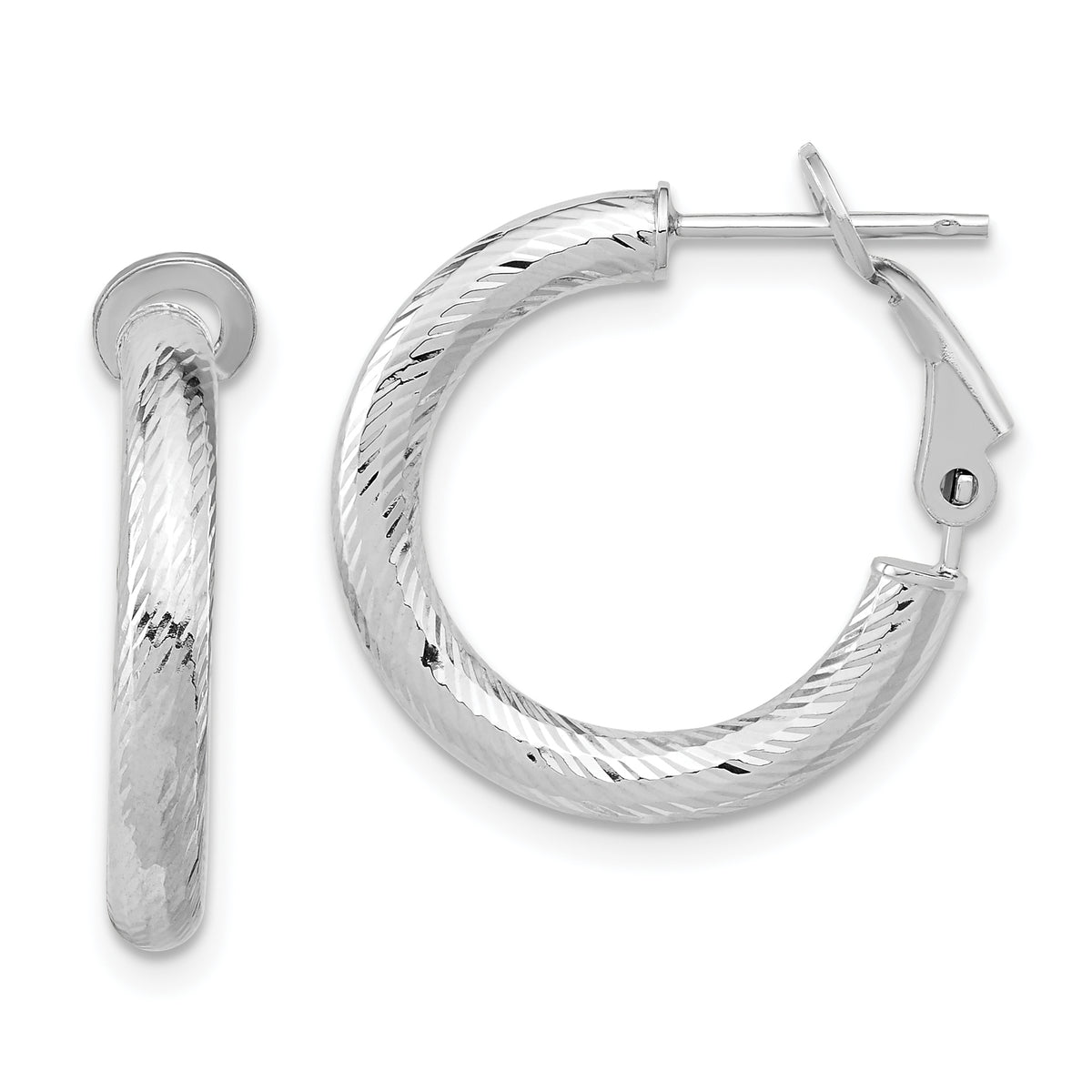 10K 3x15 White Gold D/C Round Omega Back Hoop Earrings