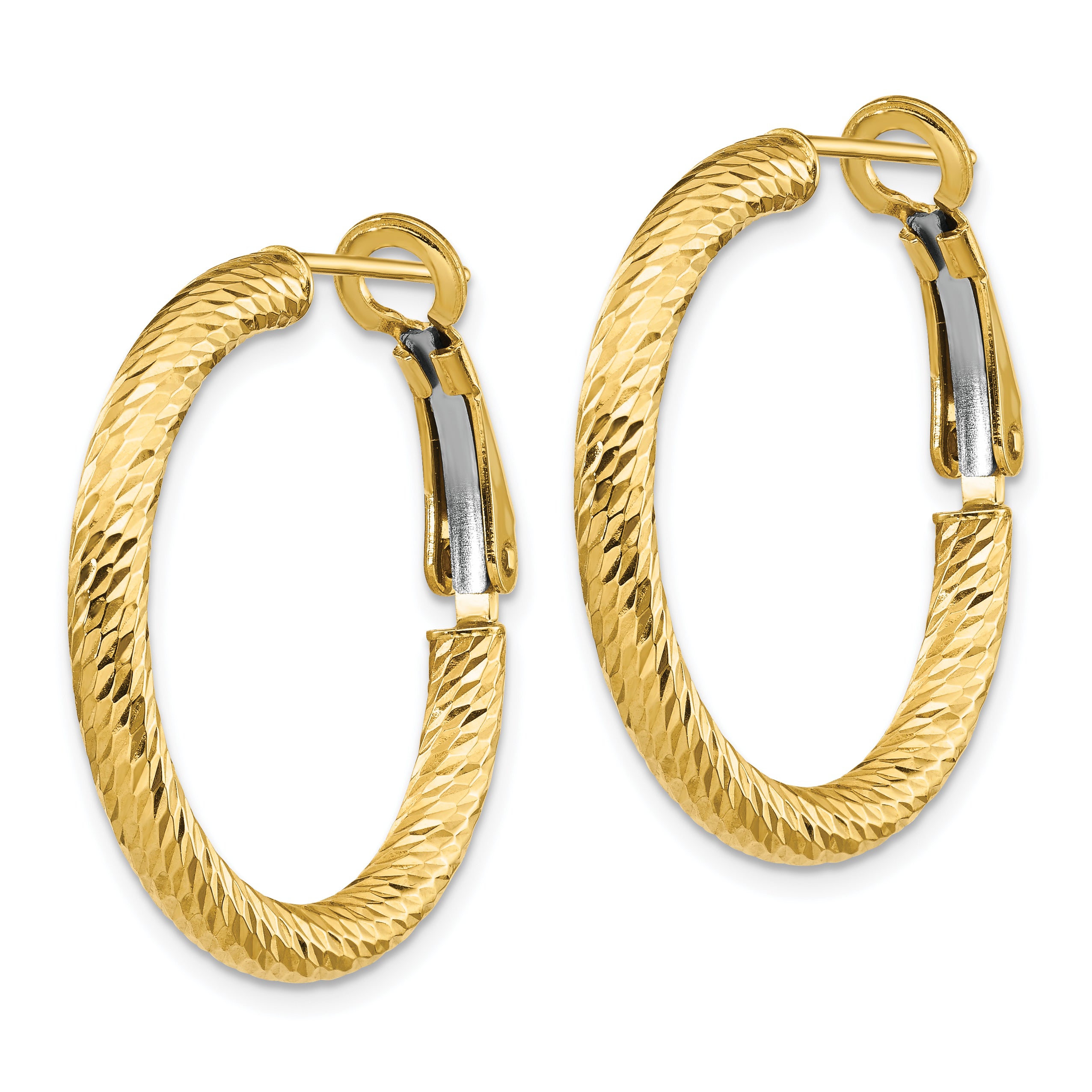 10K 3x20 D/C Round Omega Back Hoop Earrings