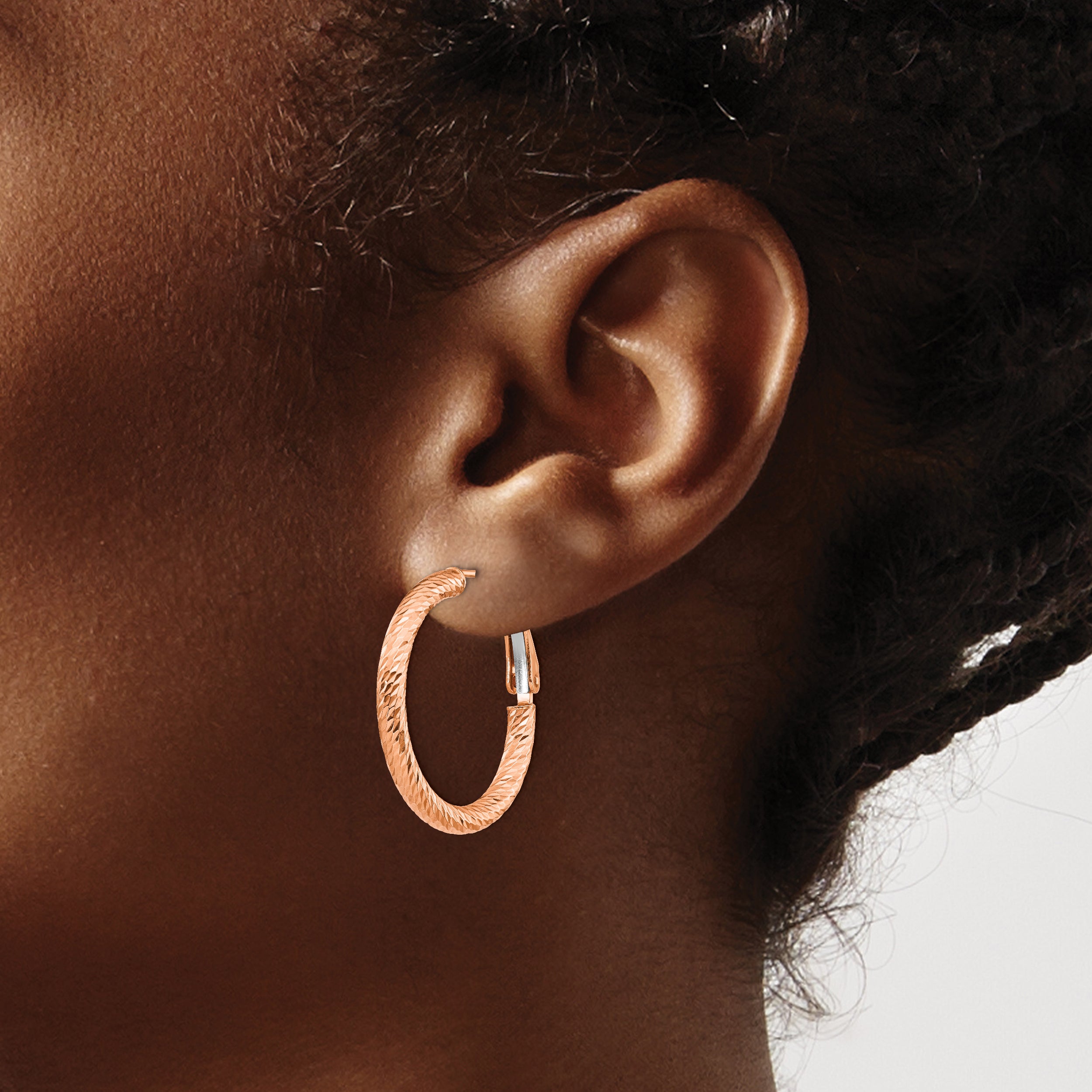 10K 3x20 Rose Gold D/C Round Omega Back Hoop Earrings