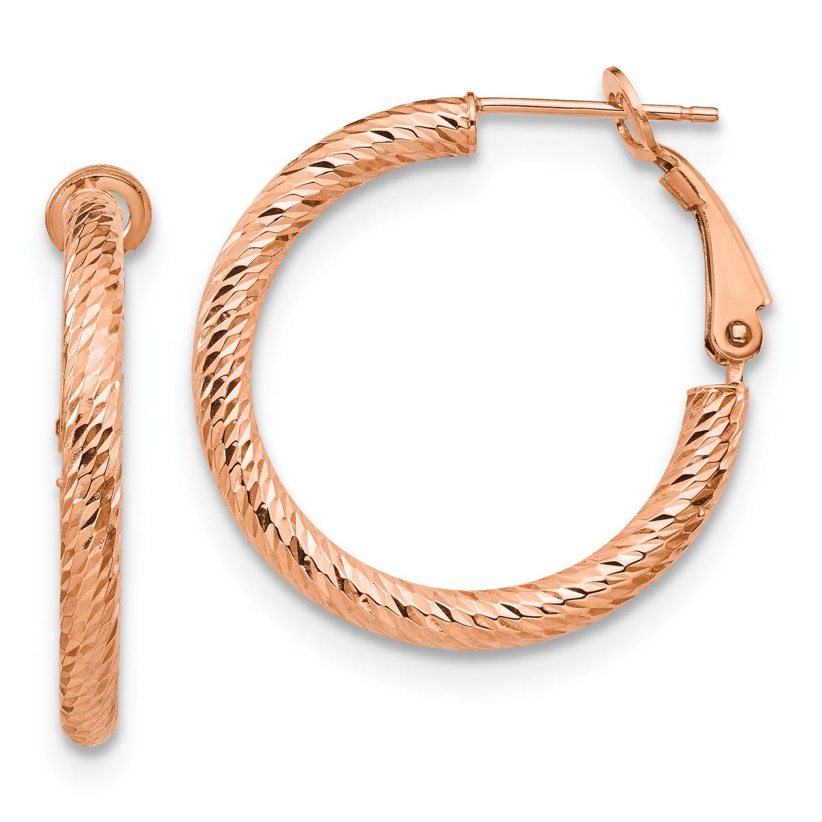 10K 3x20 Rose Gold D/C Round Omega Back Hoop Earrings