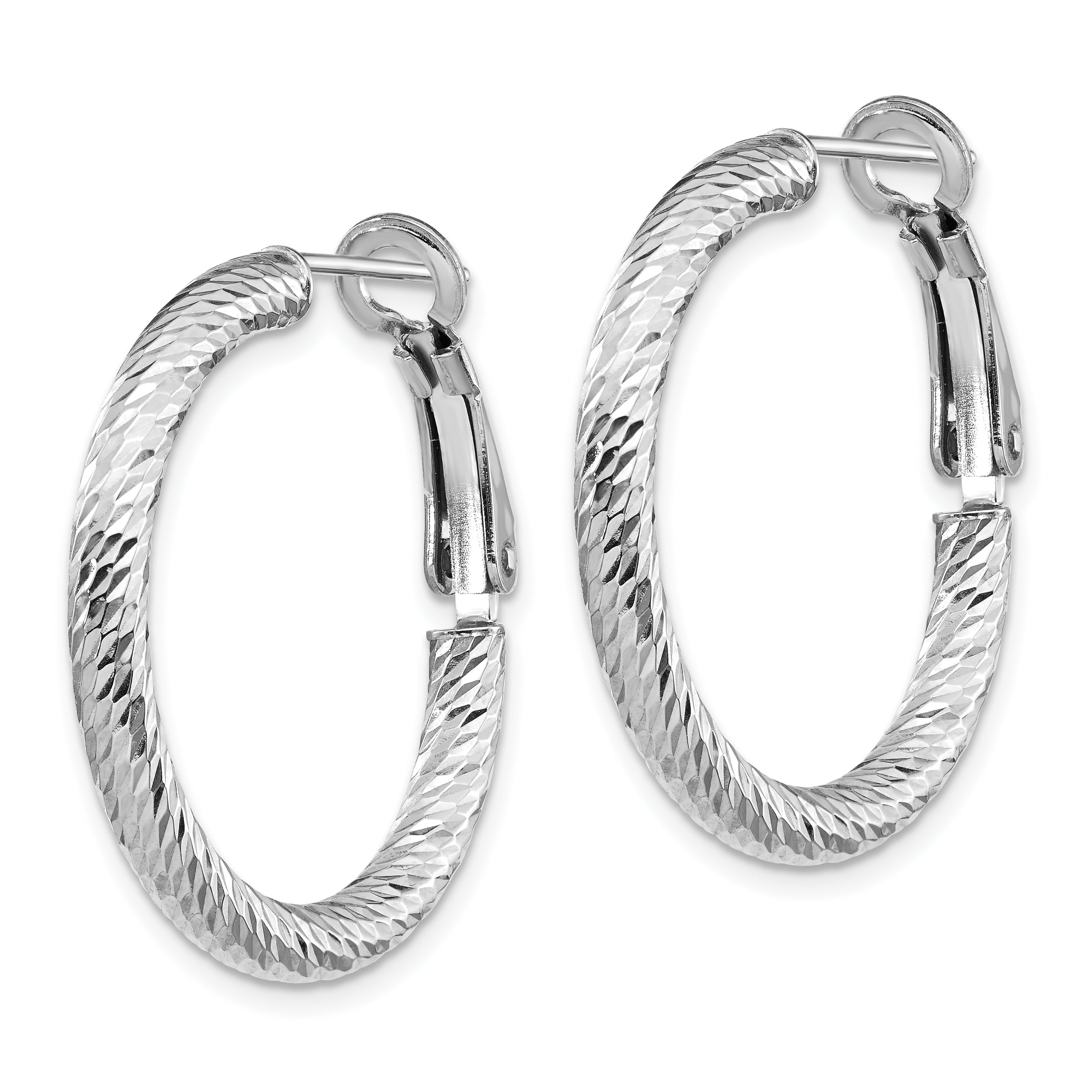 10K 3x20 White Gold D/C Round Omega Back Hoop Earrings