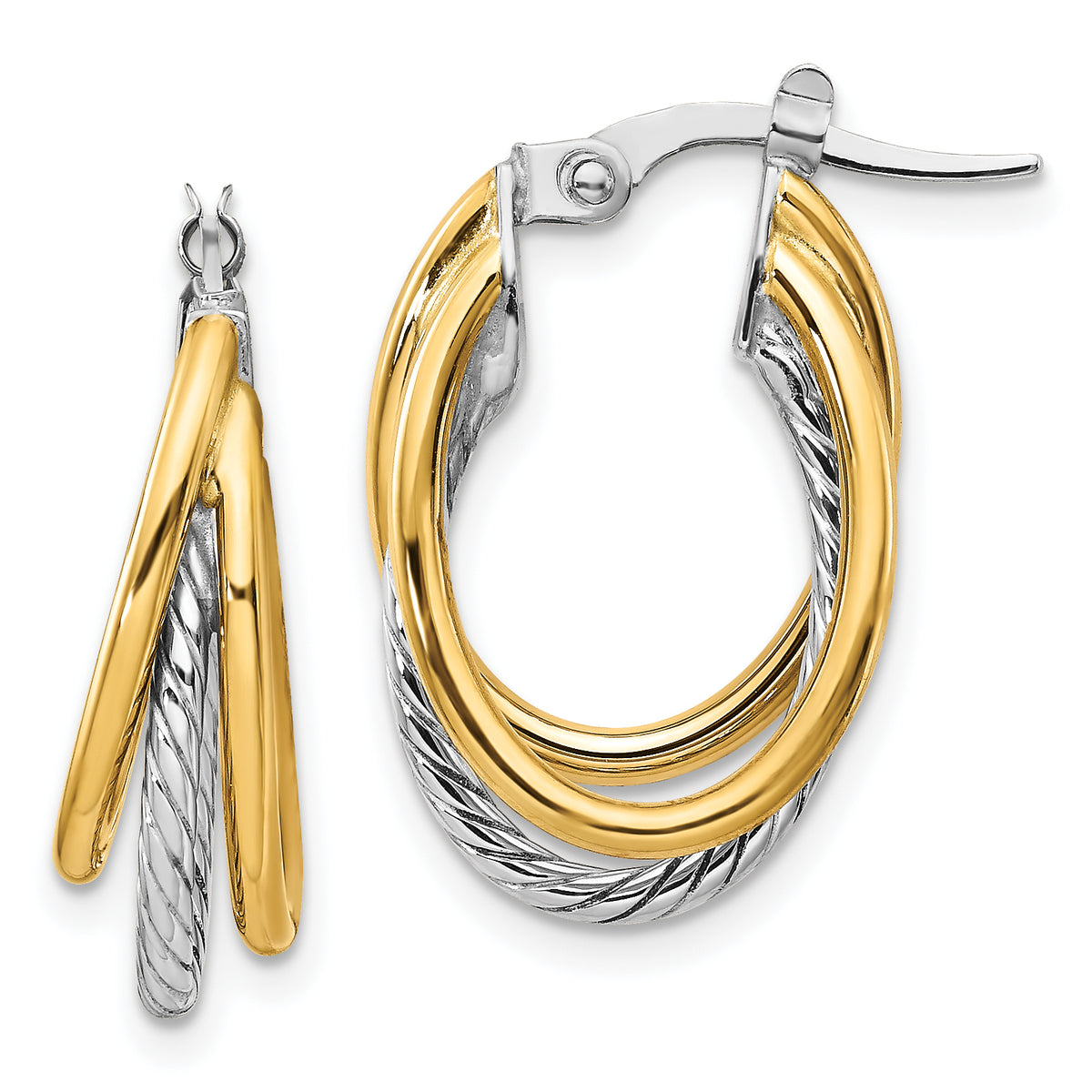 10K Two-tone Polished Textured Hoop Earrings