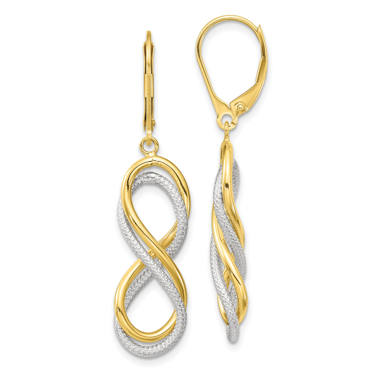 10K Two-tone Polished Textured Infinity Leverback Earrings