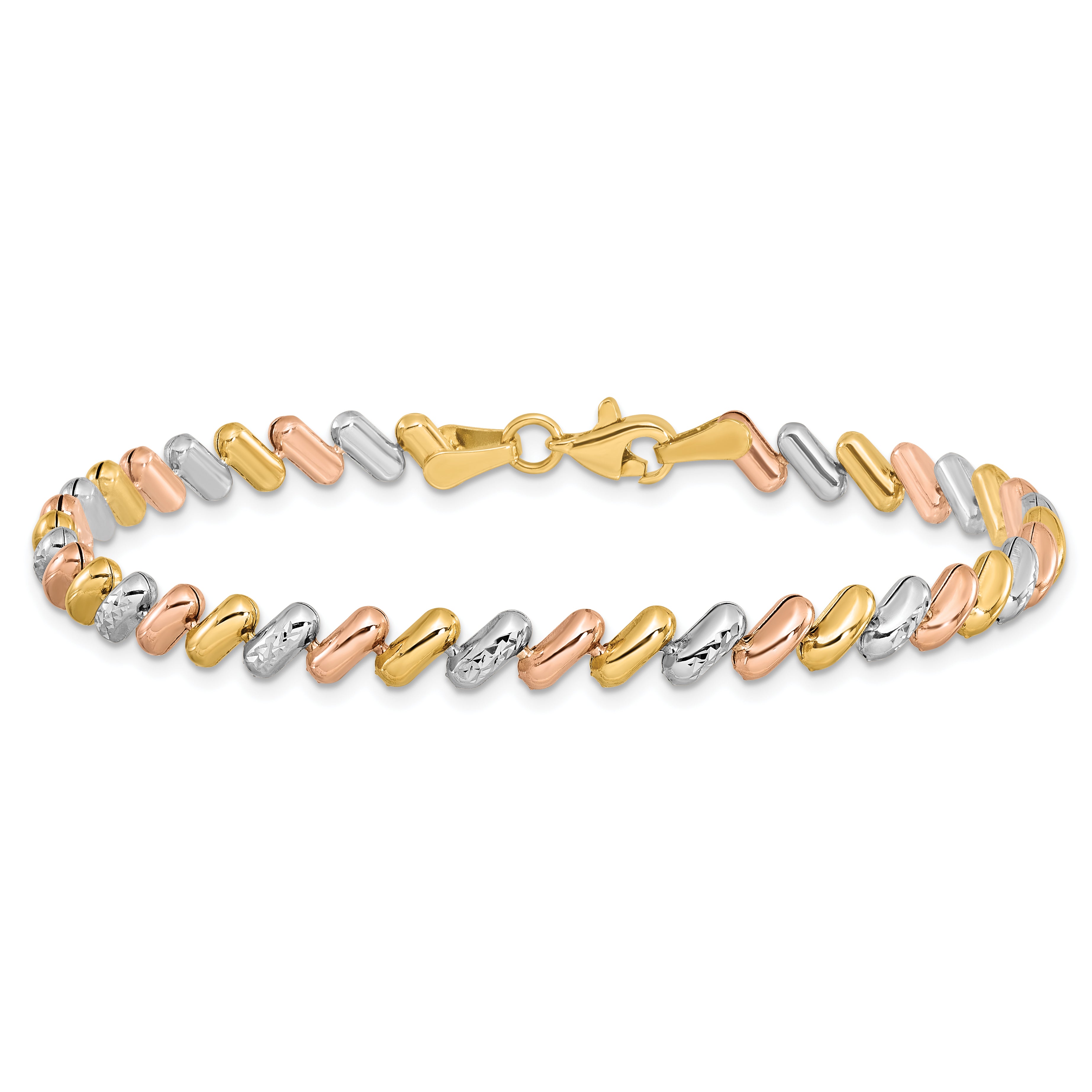 10k Tri-color Polished and D/C Fancy Link Bracelet