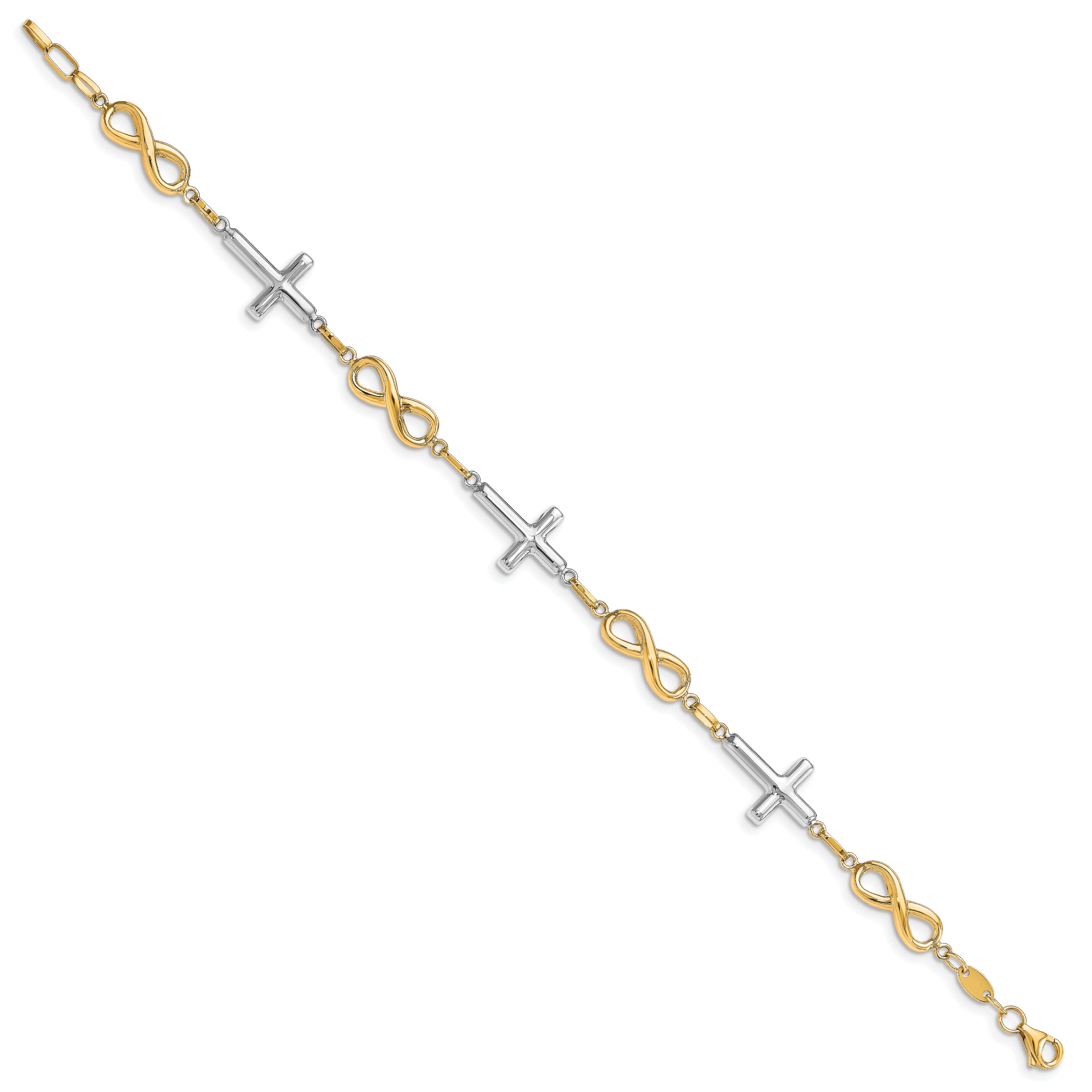 10K Two-tone Polished Cross and Infinity Bracelet