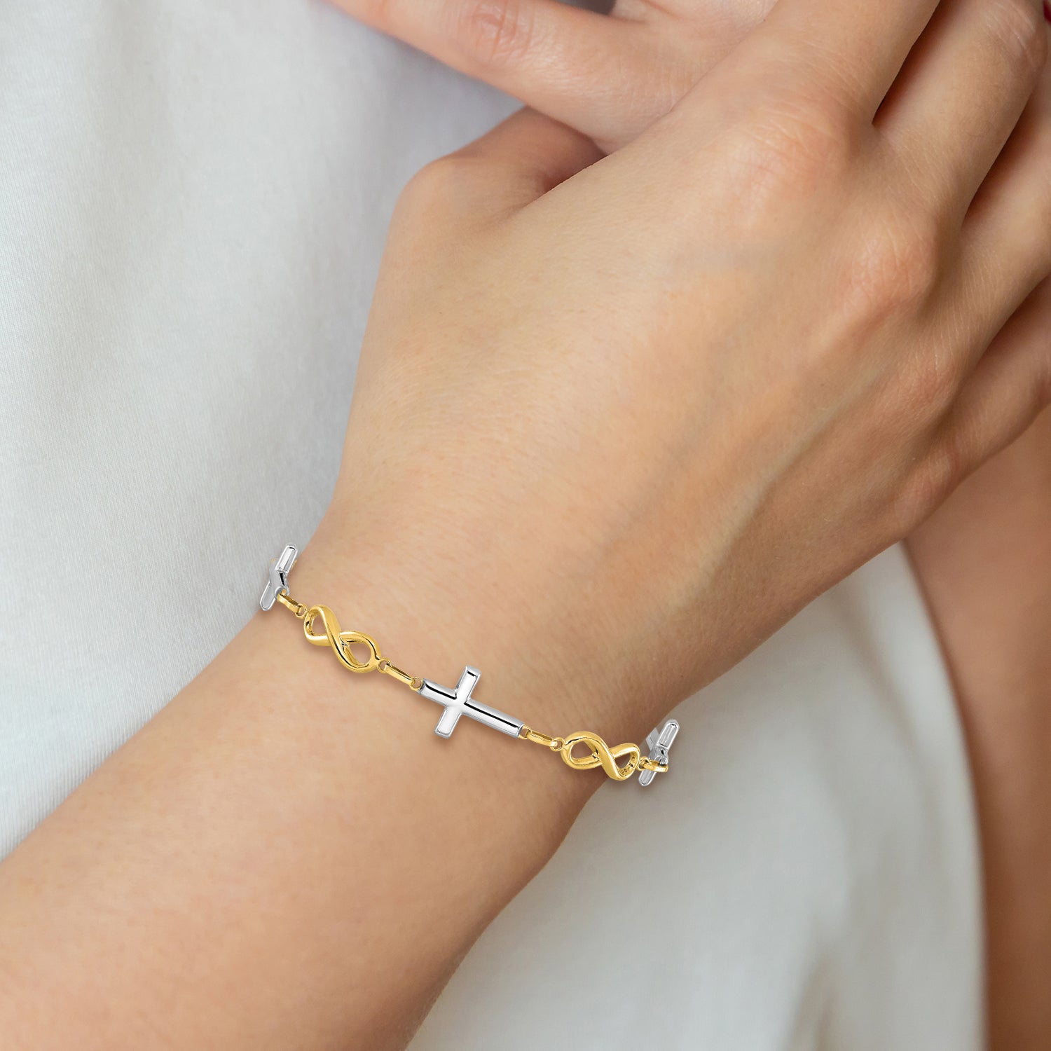 10K Two-tone Polished Cross and Infinity Bracelet