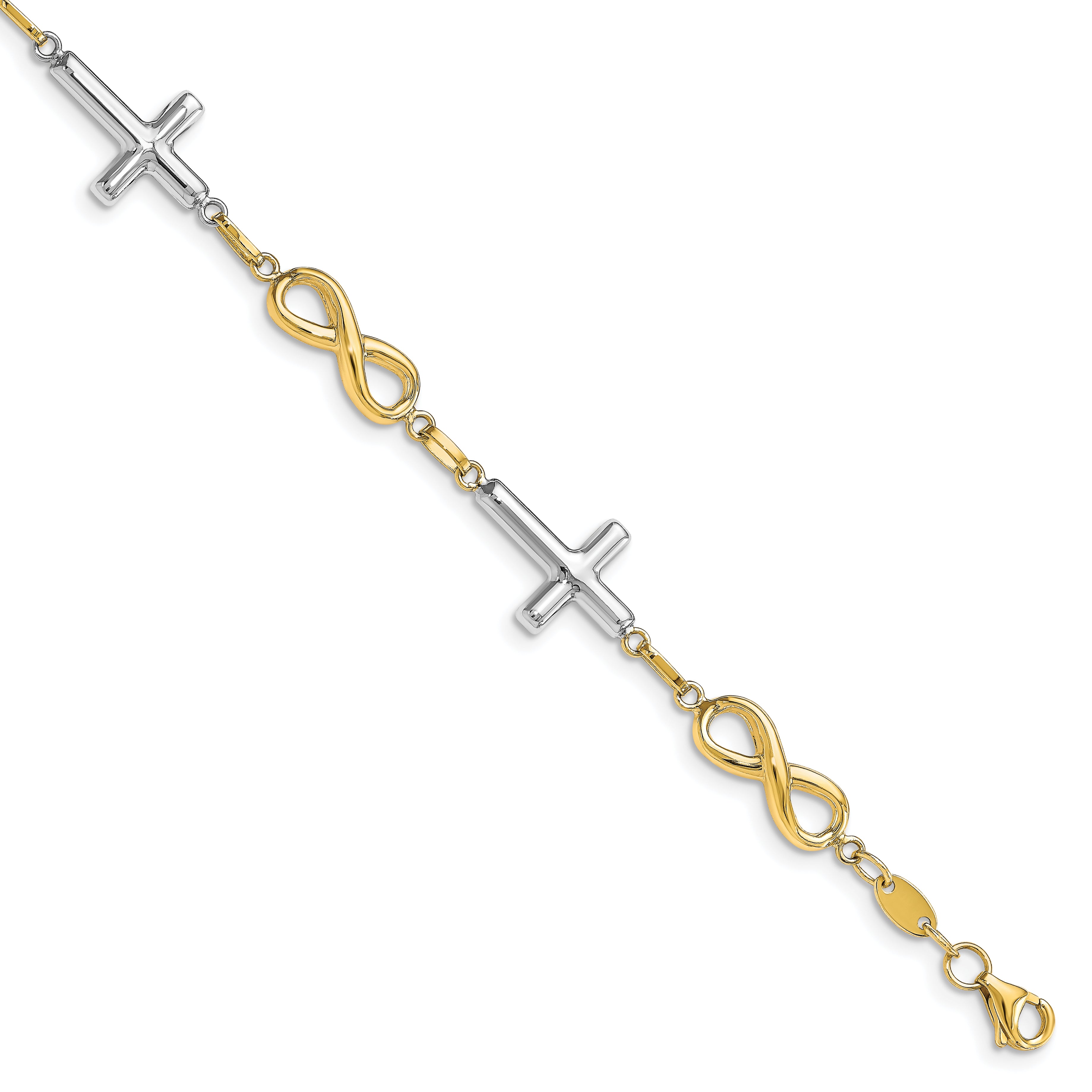 10K Two-tone Polished Cross and Infinity Bracelet