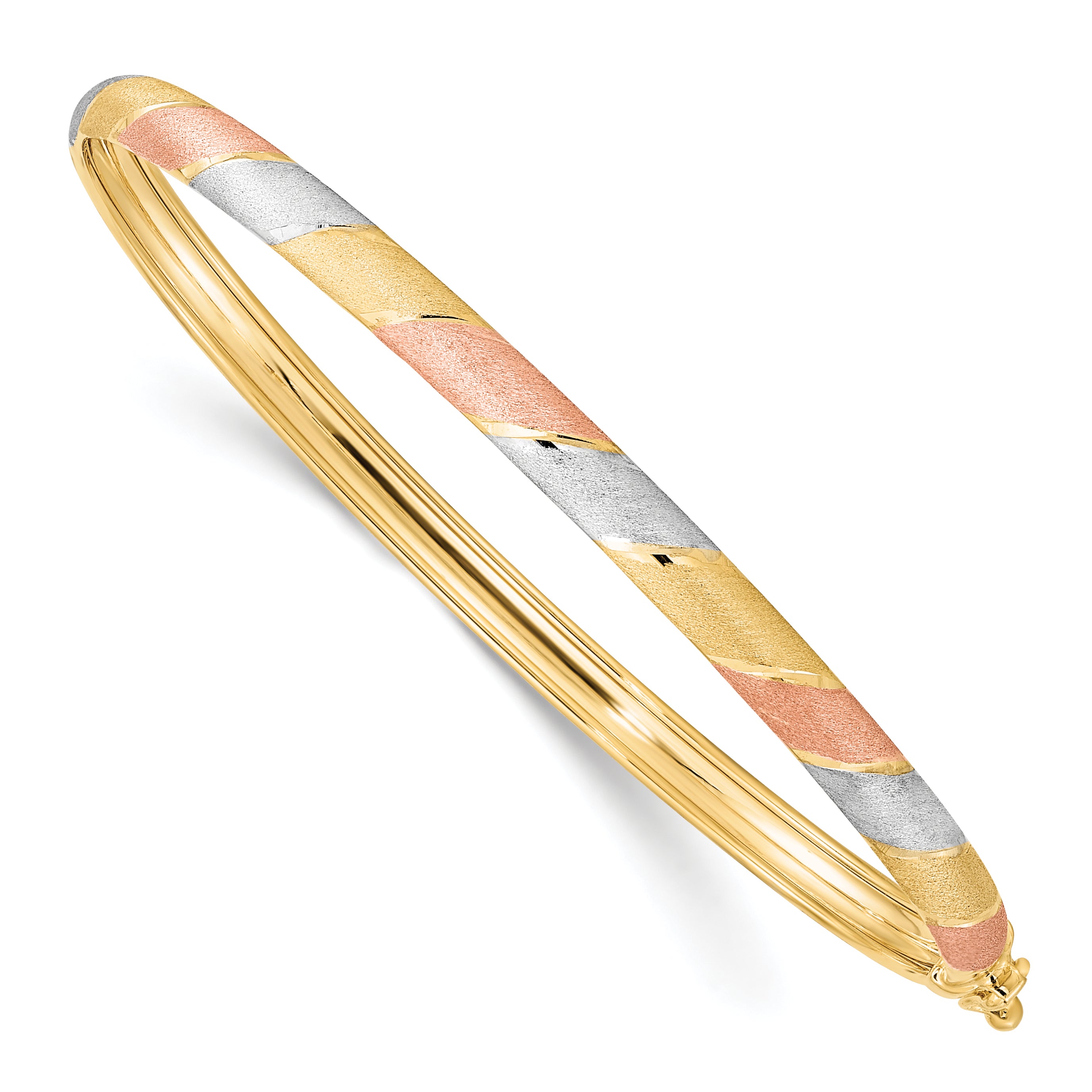 10k Rose Gold w/ Yellow/Wht Plat Brush/Pol Hinged Bangle