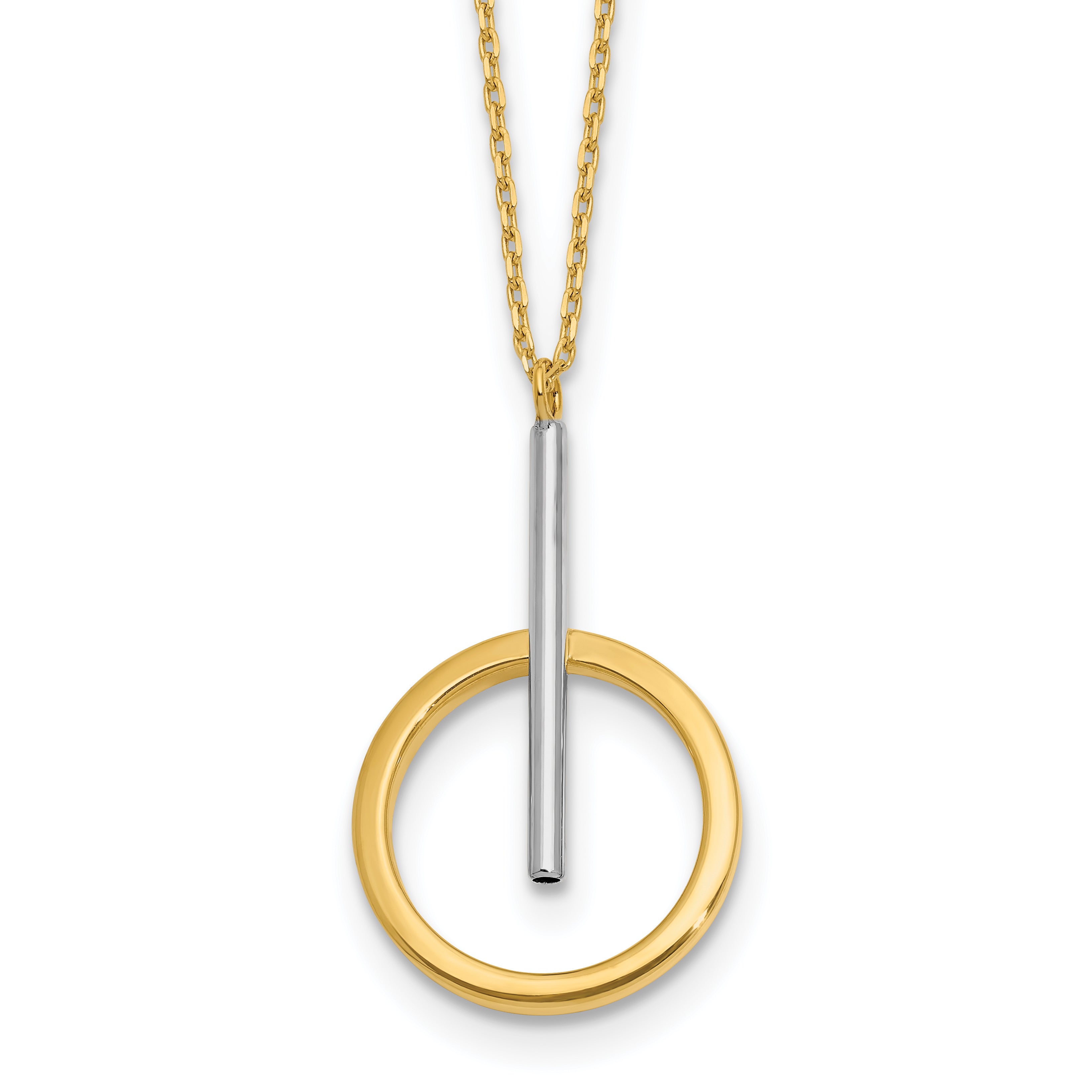 10K w/White Rhodium Polished Bar w/Circle Pendant Necklace