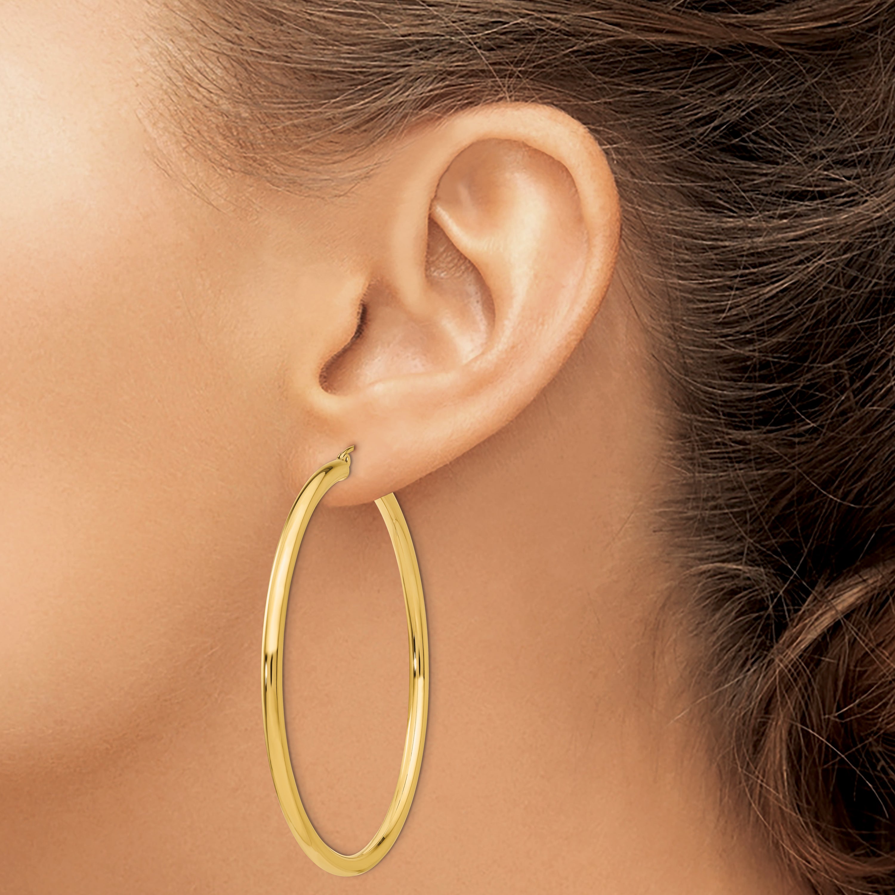 10K Gold Polished 3mm Tube Hoop Earrings for Women Elegant 55mm Design