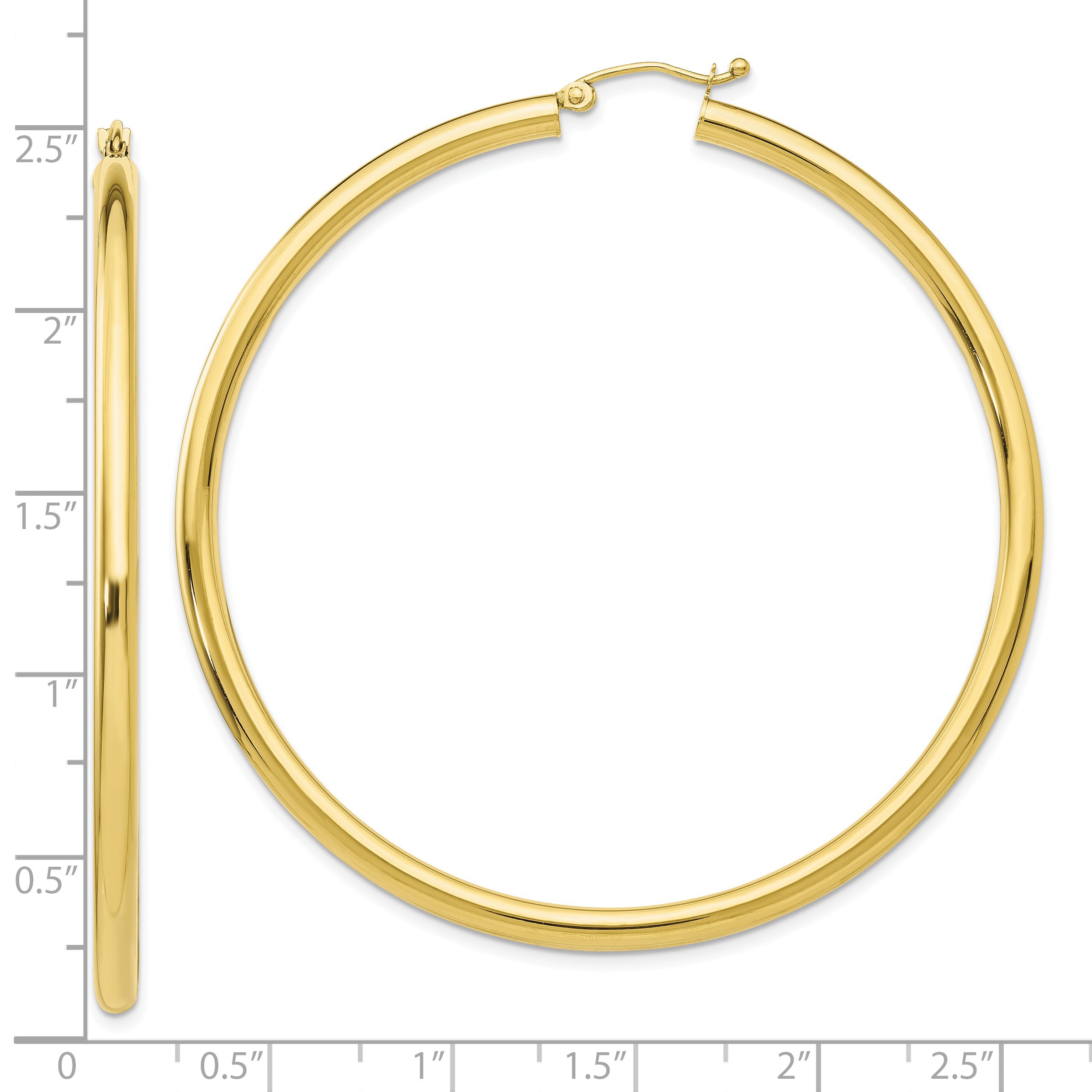 10K Gold Polished 3mm Tube Hoop Earrings for Women Elegant 55mm Design