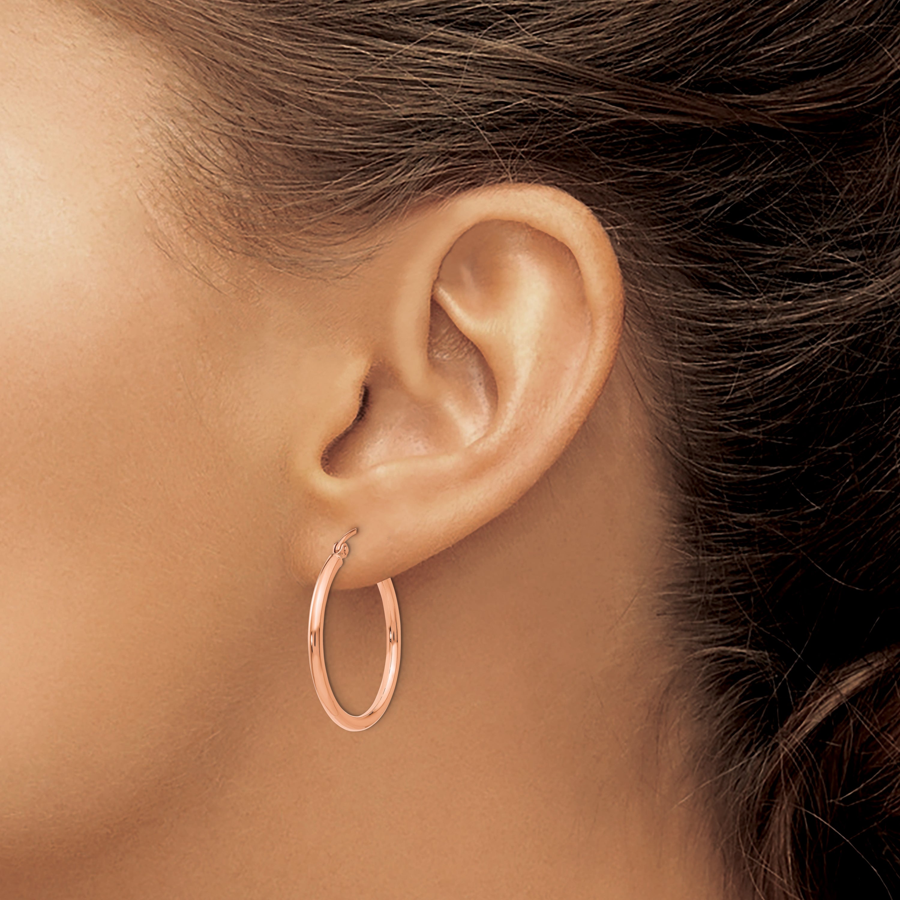 10K Rose Gold Polished Hoop Earrings 26mm Elegant Tube Design for Women