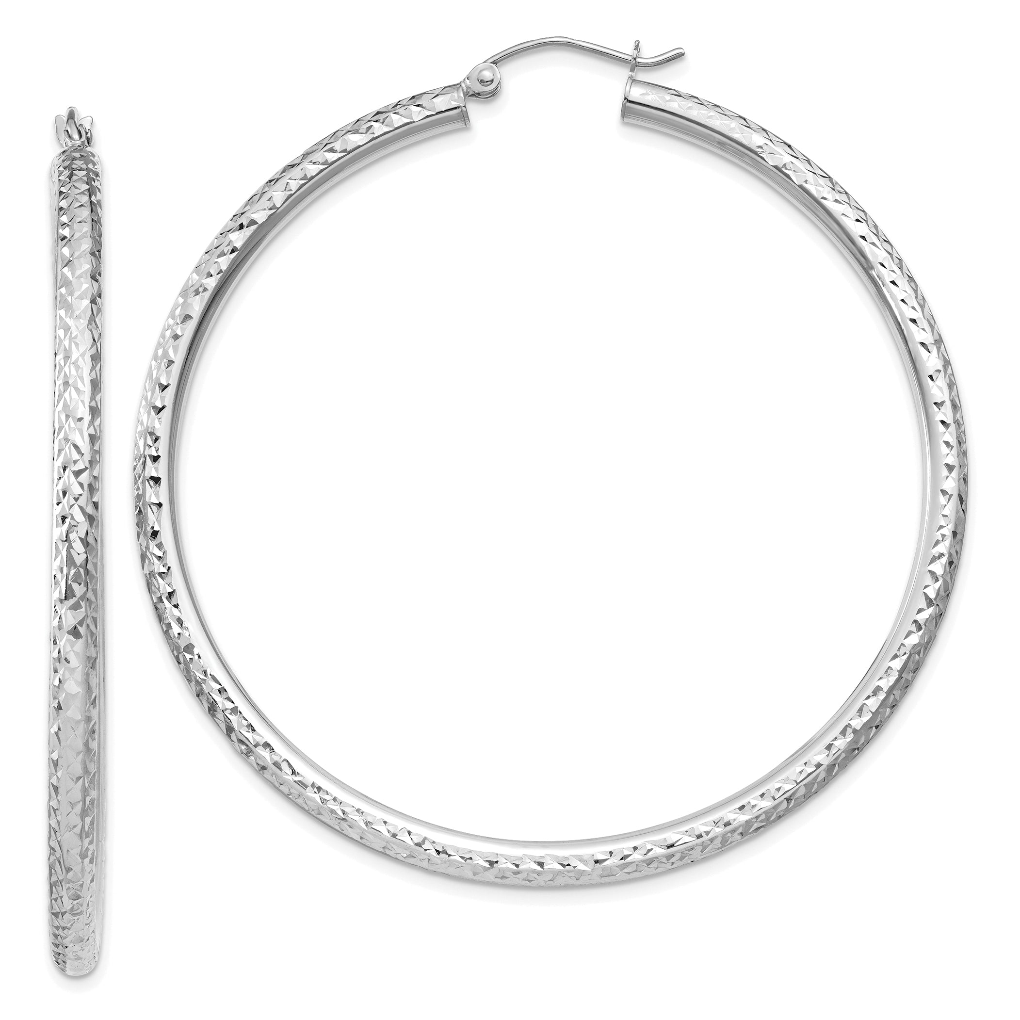 10k White Gold Diamond-cut 3mm Round Hoop Earrings