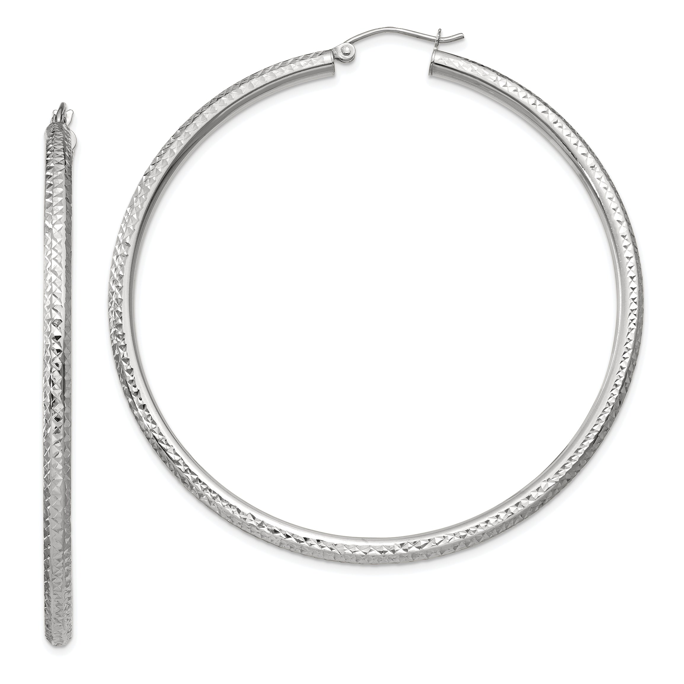 10k White Gold Diamond-cut 3mm Round Hoop Earrings