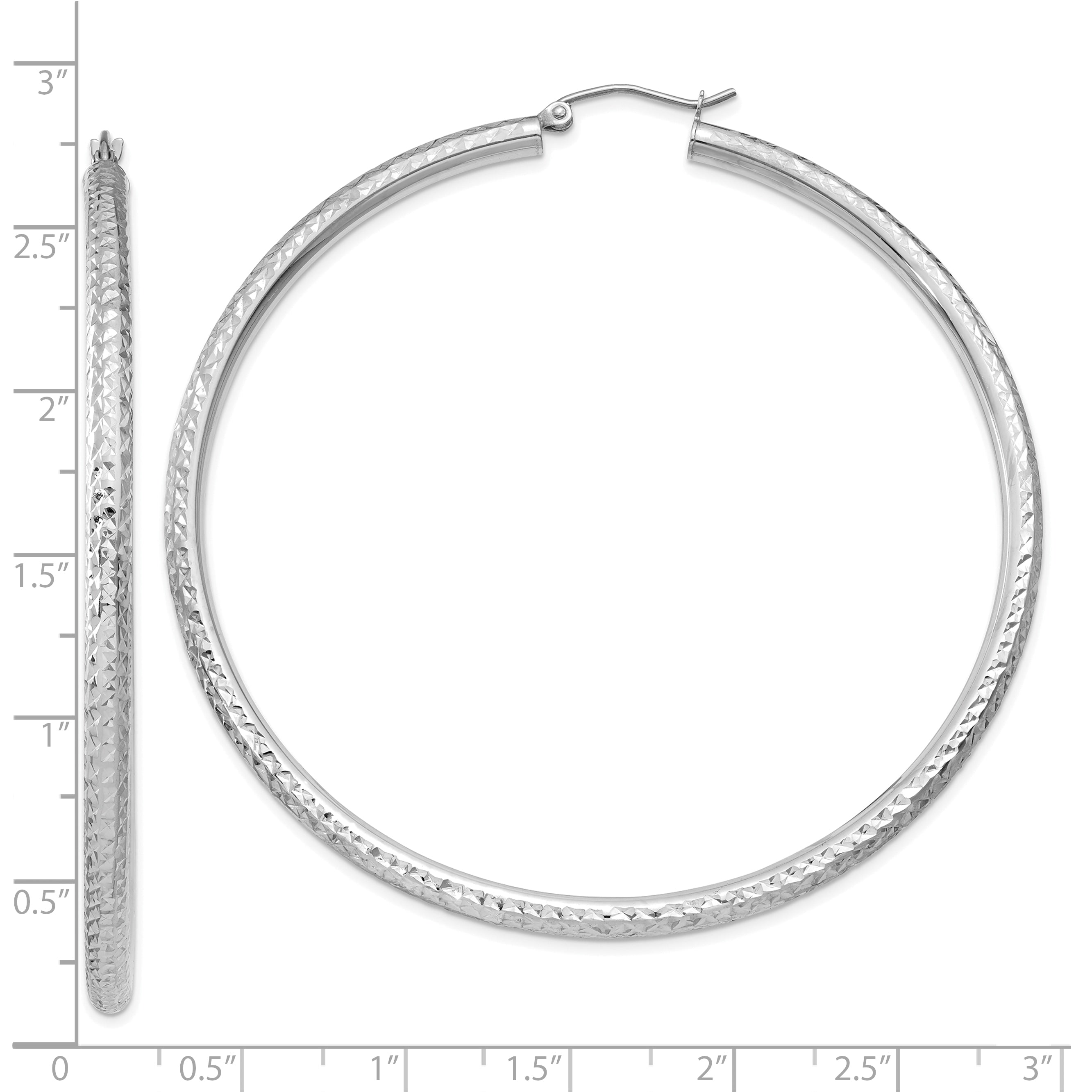 10k White Gold Diamond-cut 3mm Round Hoop Earrings