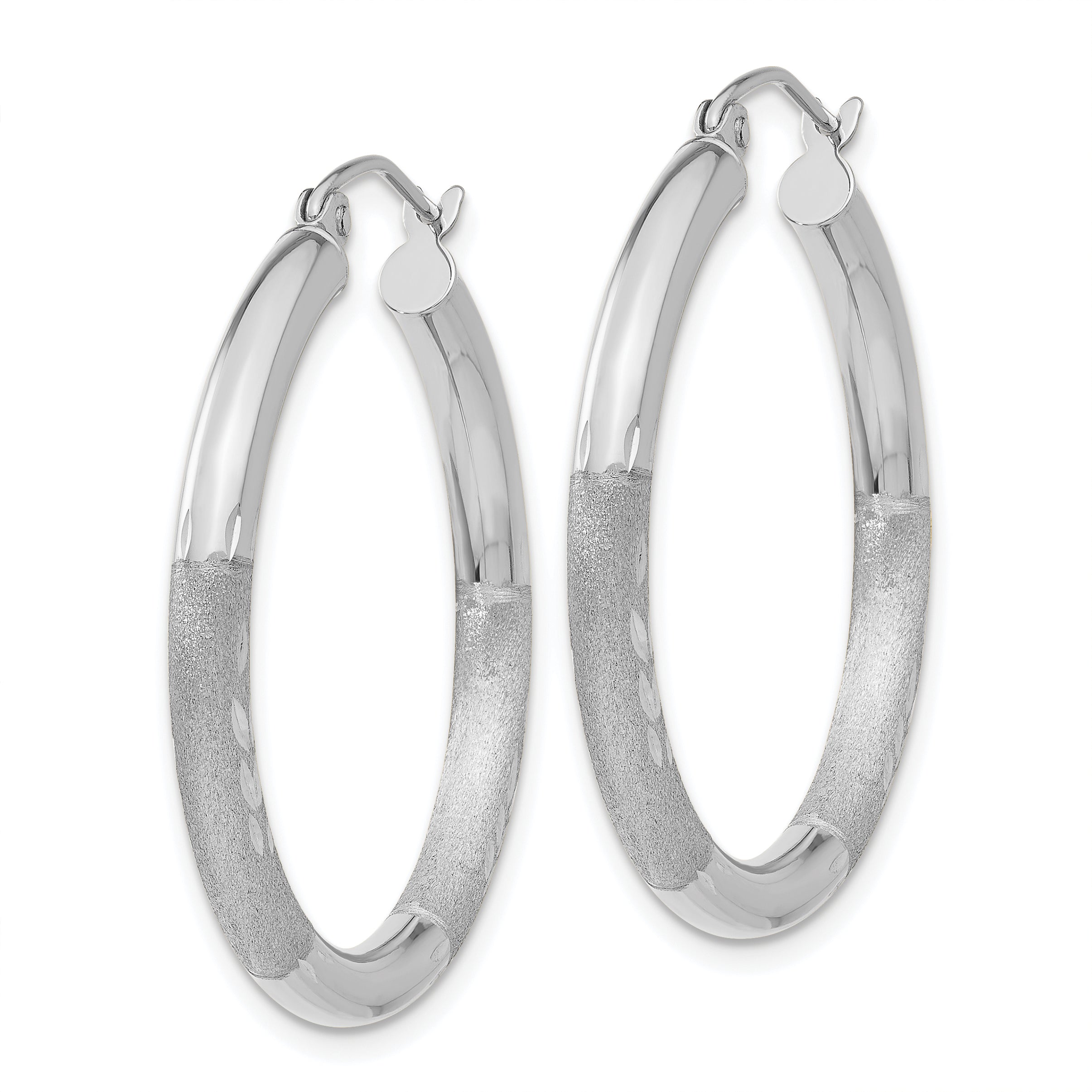 10K White Gold Satin & Diamond-Cut 3mm Hoop Earrings for Women