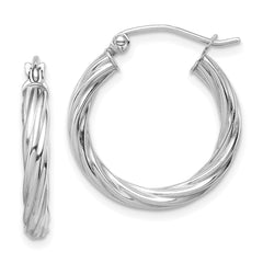 10k White Gold Polished 3mm Twisted Hoop Earrings