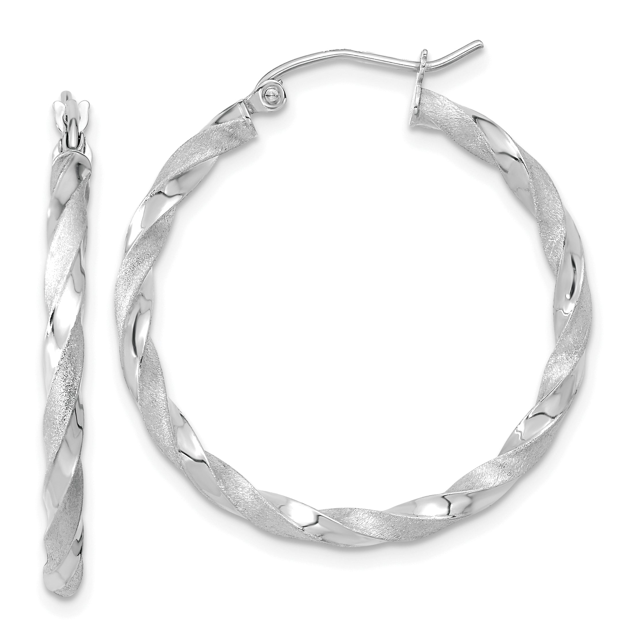 10k White Gold Polished & Satin Twisted Hoop Earrings