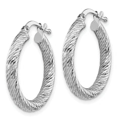 10k 3x15 White Gold Diamond-cut Round Hoop Earrings