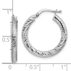 10k 3x15 White Gold Diamond-cut Round Hoop Earrings