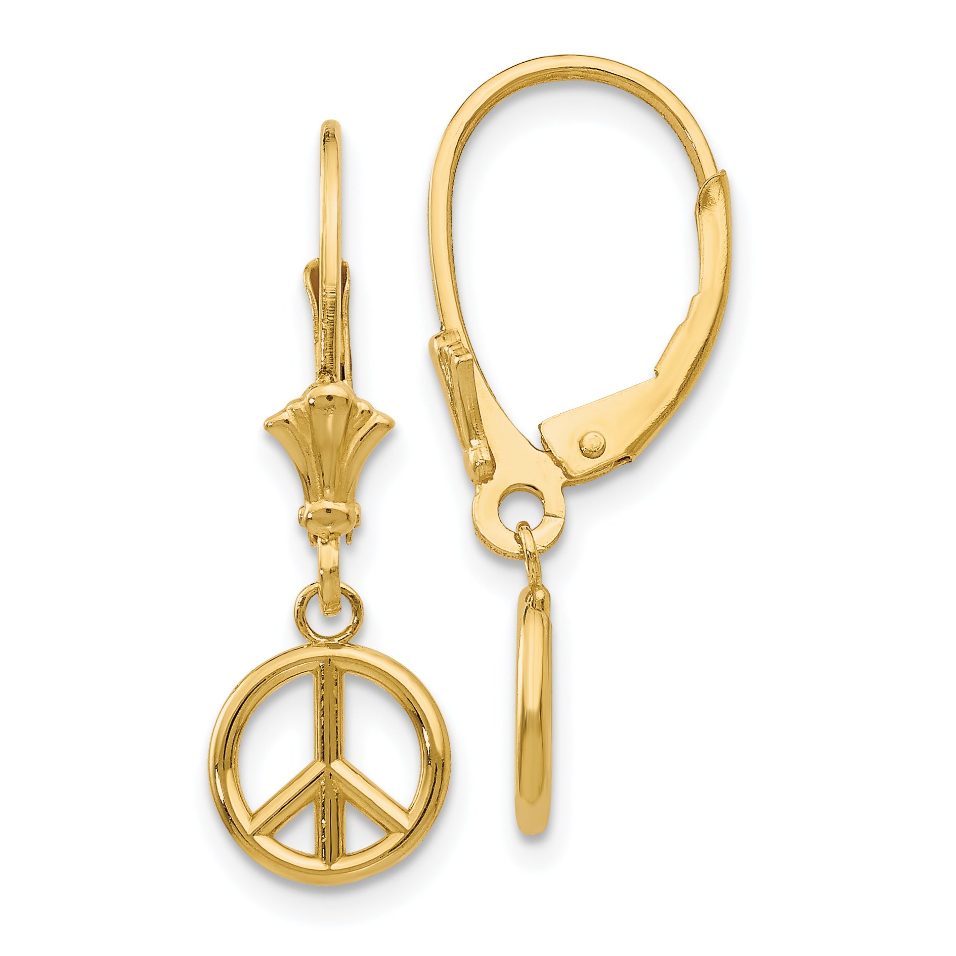 10K 3-D Peace Symbol Leverback Earrings