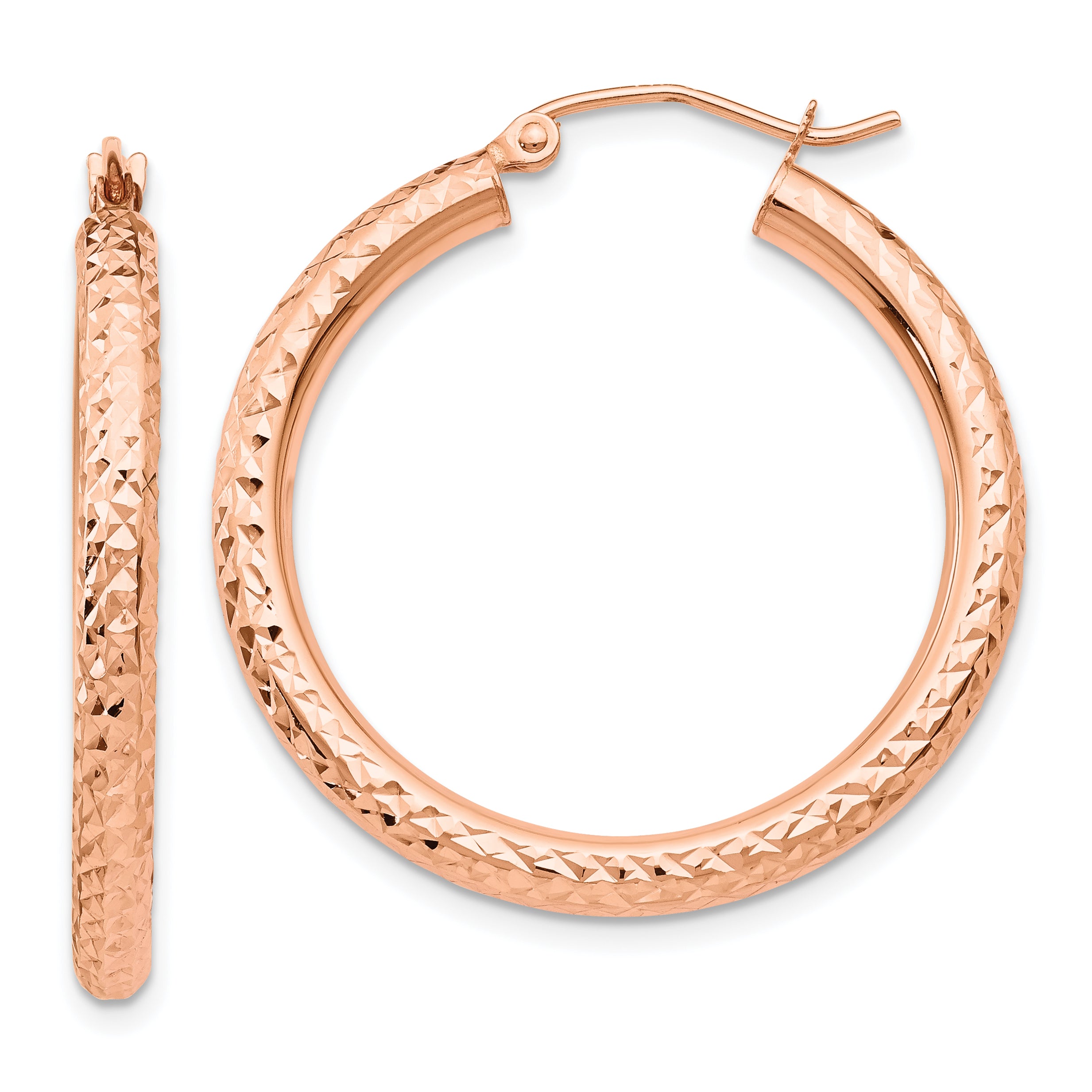 10K Rose Gold Diamond-cut 3mm Round Hoop Earrings