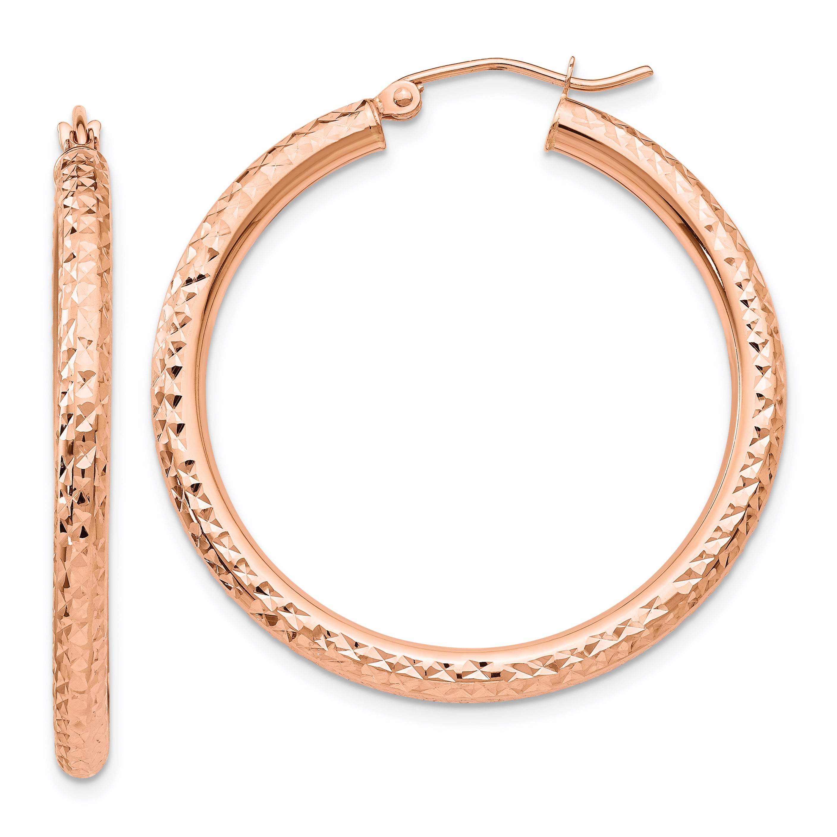 10K Rose Gold Diamond-cut 3mm Round Hoop Earrings