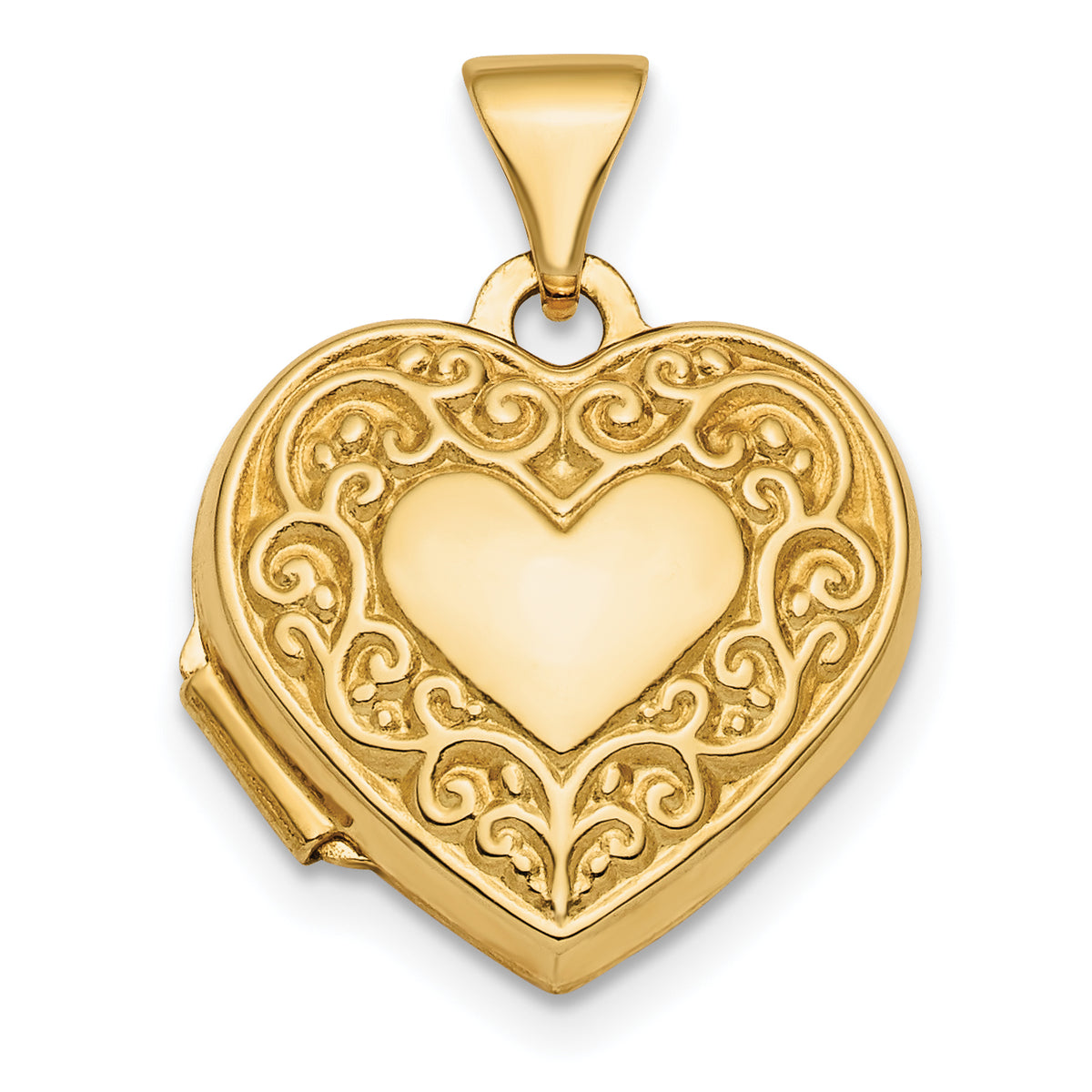 10k Polished Fancy Scroll Design Front & Back 15mm Heart Locket