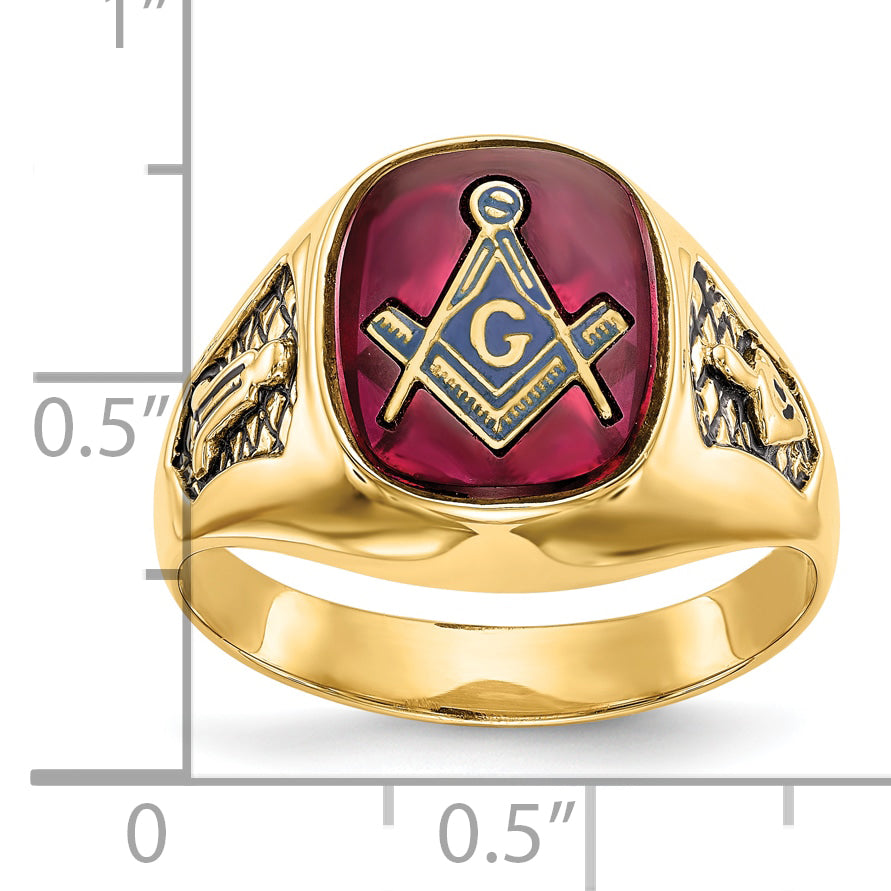 10k Men's Polished and Textured with Black Enamel and Lab Created Ruby Masonic Ring