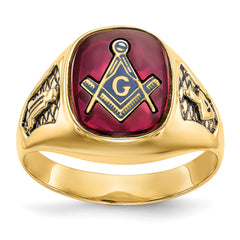 10k Men's Polished and Textured with Black Enamel and Lab Created Ruby Masonic Ring