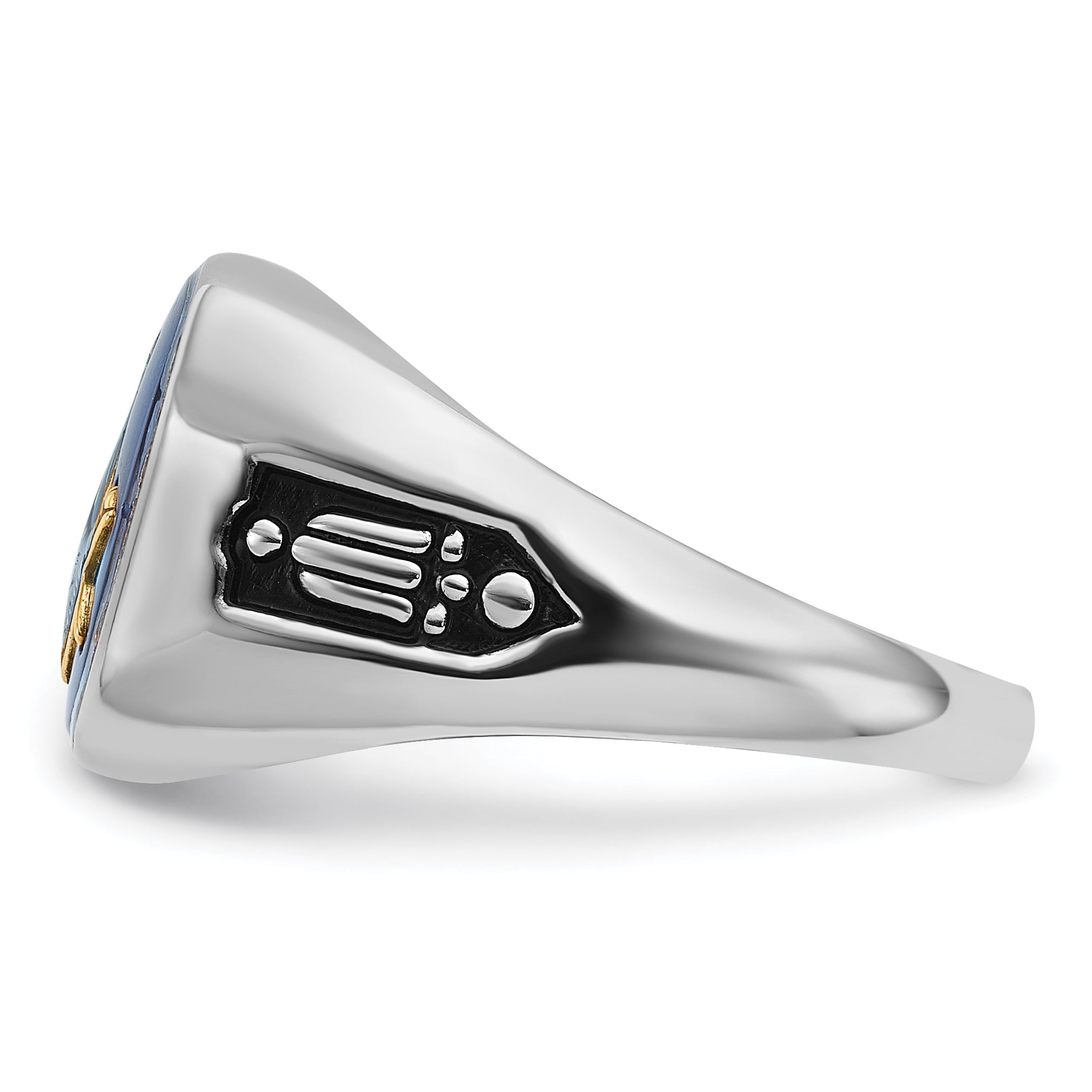 10k White Gold Men's Polished and Grooved with Black Enamel and Imitation Blue Spinel Masonic Ring