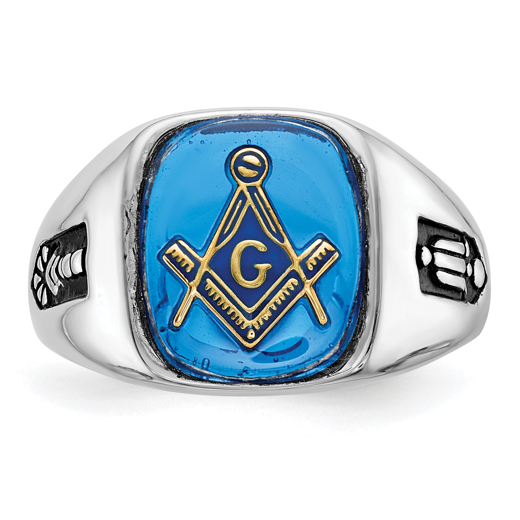 10k White Gold Men's Polished and Grooved with Black Enamel and Imitation Blue Spinel Masonic Ring