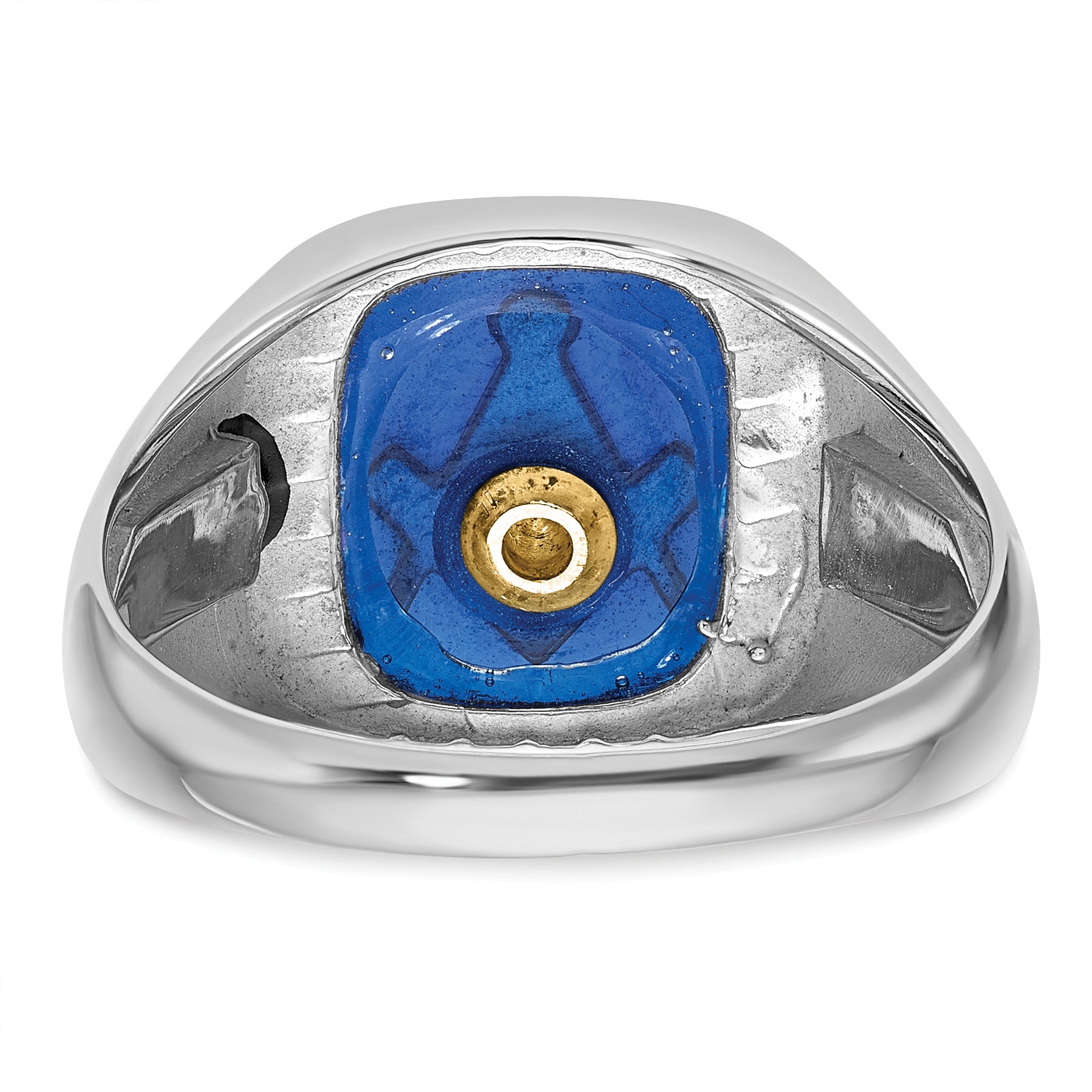 10k White Gold Men's Polished and Grooved with Black Enamel and Imitation Blue Spinel Masonic Ring