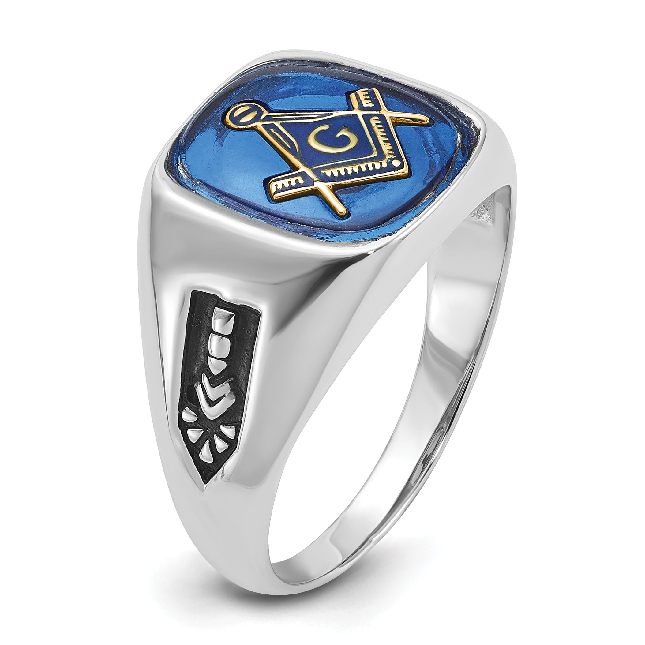 10k White Gold Men's Polished and Grooved with Black Enamel and Imitation Blue Spinel Masonic Ring