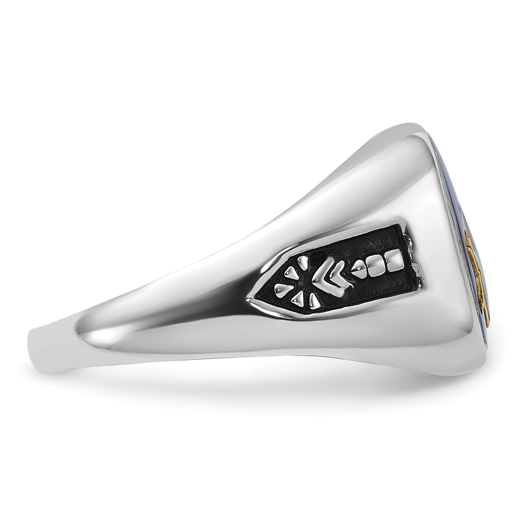 10k White Gold Men's Polished and Grooved with Black Enamel and Imitation Blue Spinel Masonic Ring