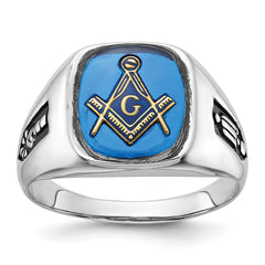 10k White Gold Men's Polished and Grooved with Black Enamel and Imitation Blue Spinel Masonic Ring