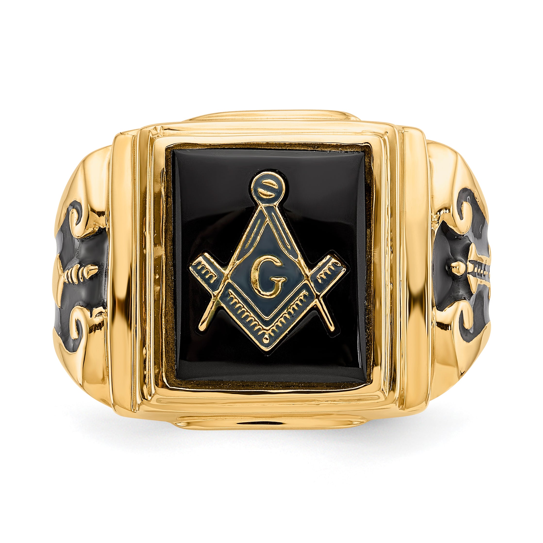 10k Men's Polished and Textured with Black Enamel and Onyx Masonic Ring