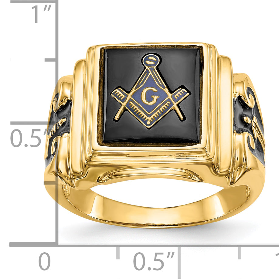 10k Men's Polished and Textured with Black Enamel and Onyx Masonic Ring