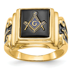 10k Men's Polished and Textured with Black Enamel and Onyx Masonic Ring