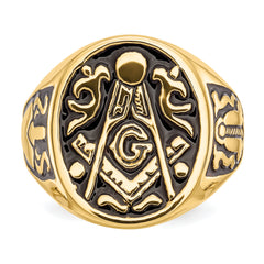 10k Men's Polished and Grooved with Black Enamel Masonic Ring