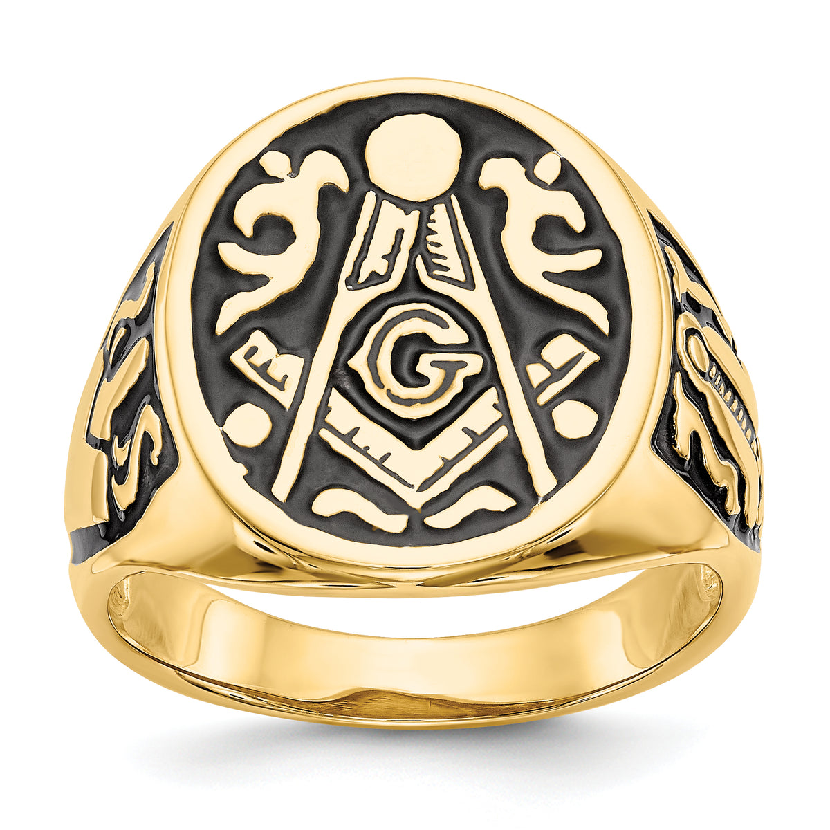 10k Men's Polished and Grooved with Black Enamel Masonic Ring