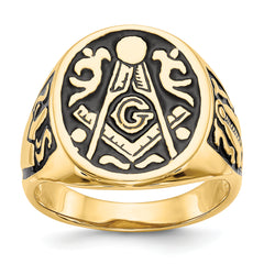 10k Men's Polished and Grooved with Black Enamel Masonic Ring